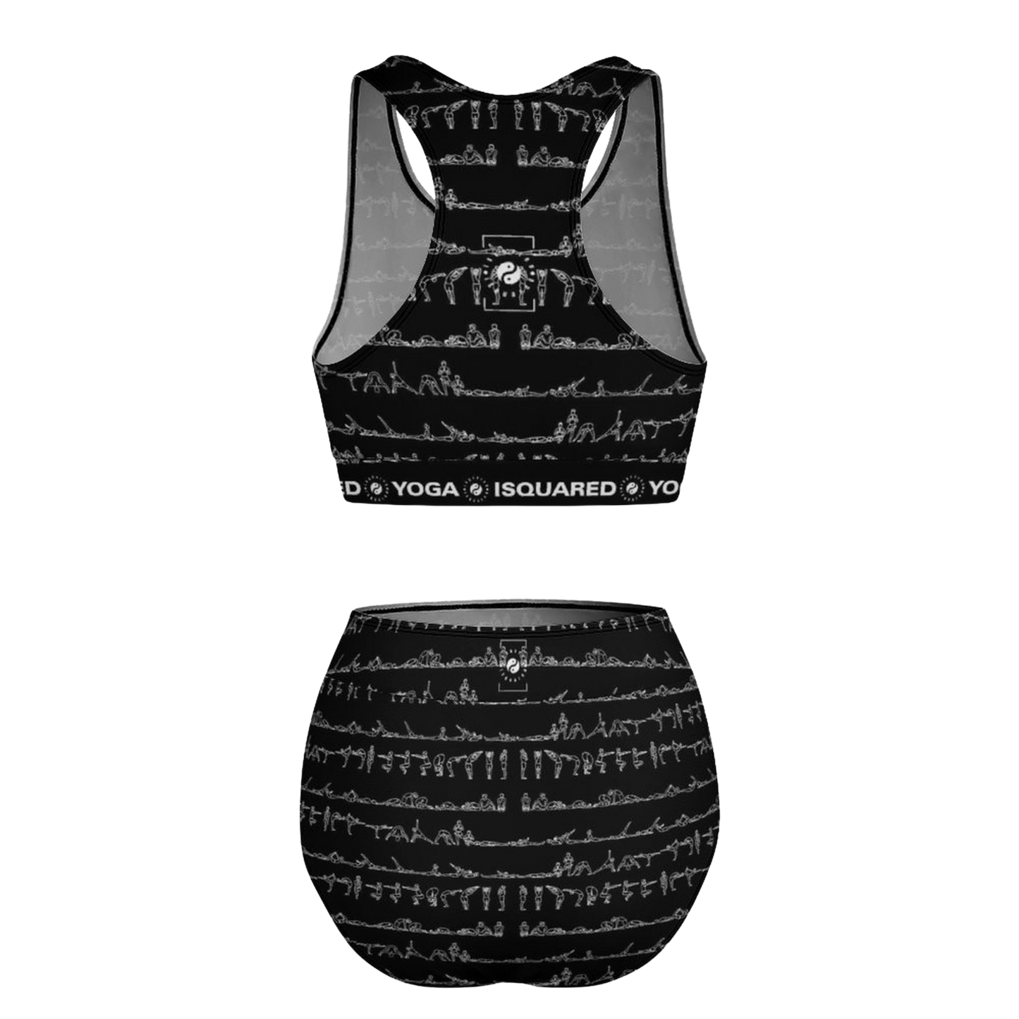 Bikram Ember hot yoga bikini set in black with white yoga pose prints, featuring a racerback top and high-waisted bottom.