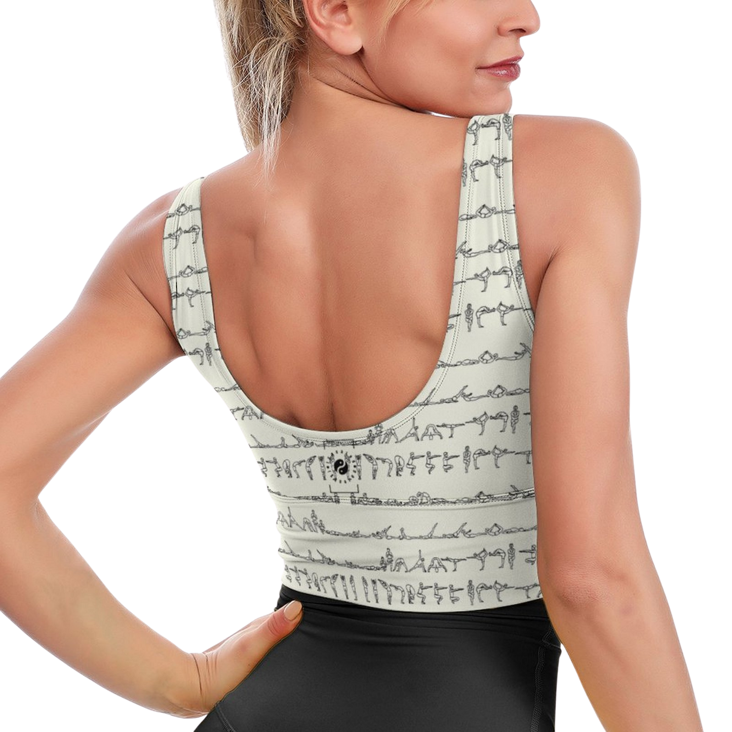 Bikram Series iSquared Crop Top with all-over yoga pose print, padded support, cropped fit, and U-back design