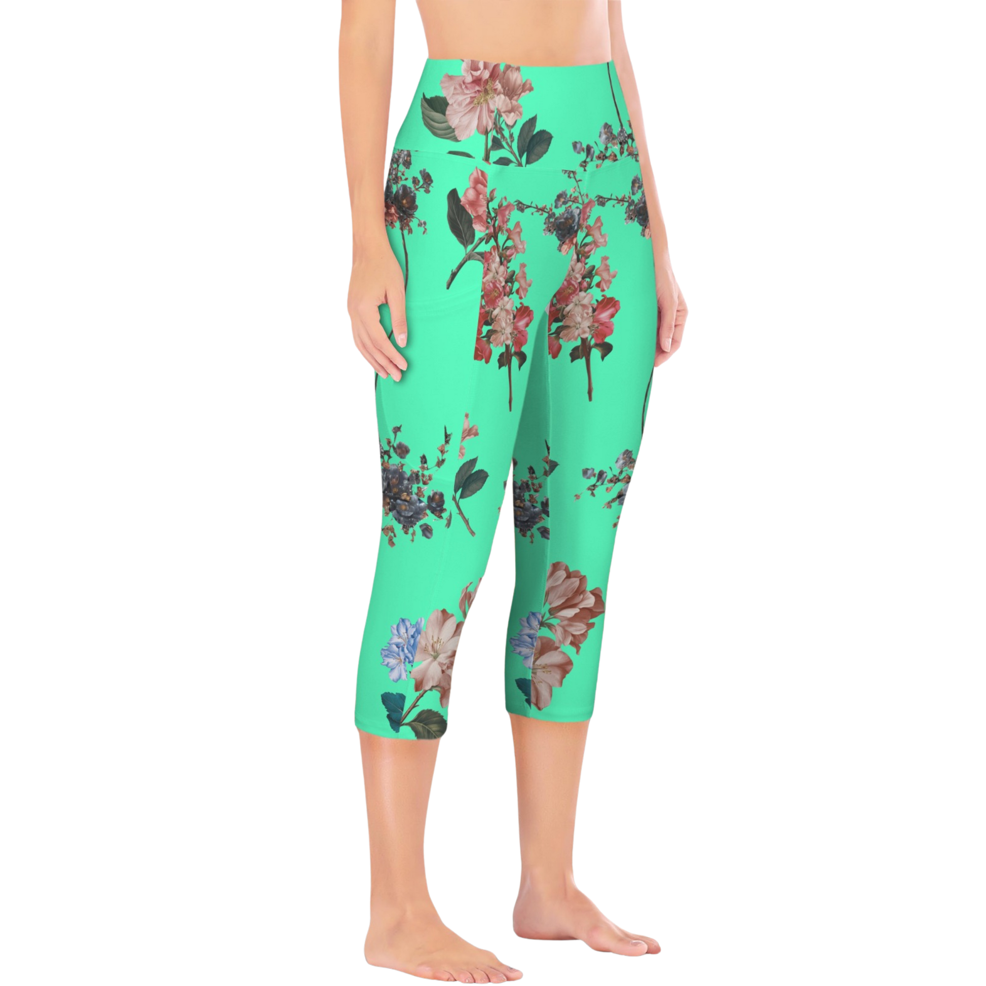 Botanicals iSquared Pocket Capri leggings with high-rise waistband, mid-calf length, and two side pockets