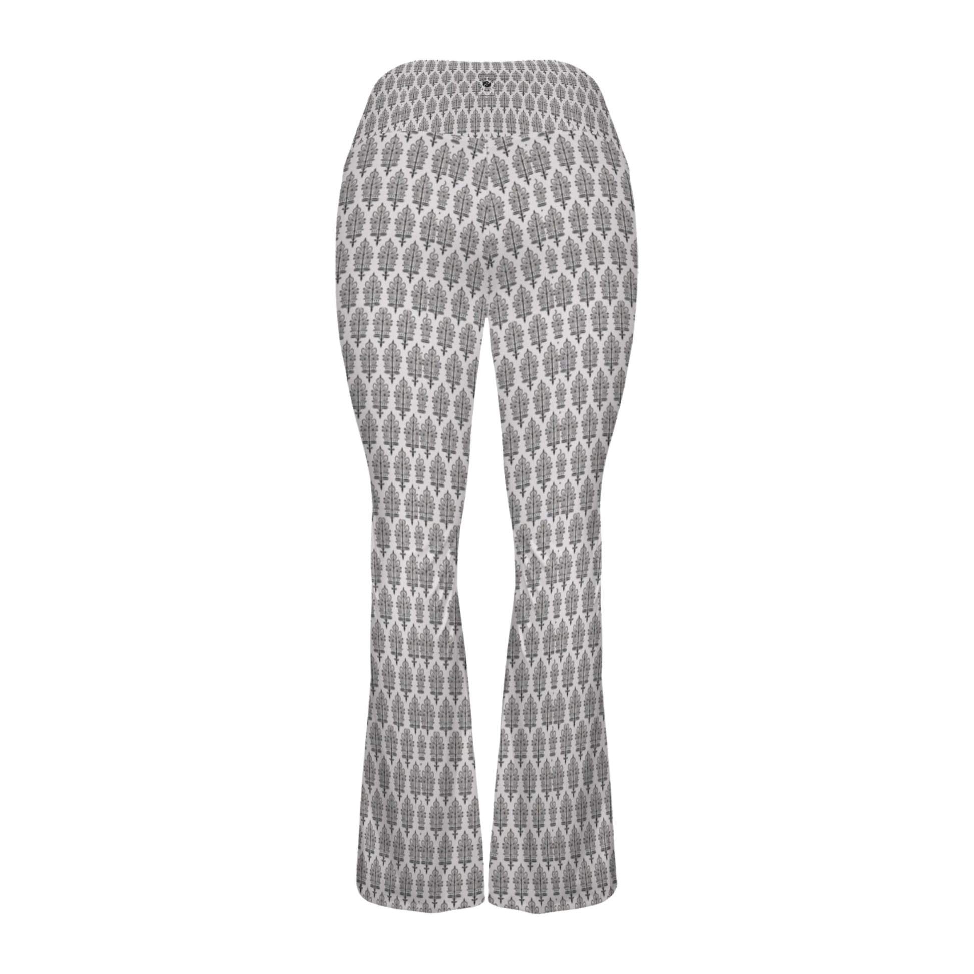 Jaipur Love Cross Waisted Flare Leggings with crossover waistband, V seam, flared leg, and printed stretch fabric