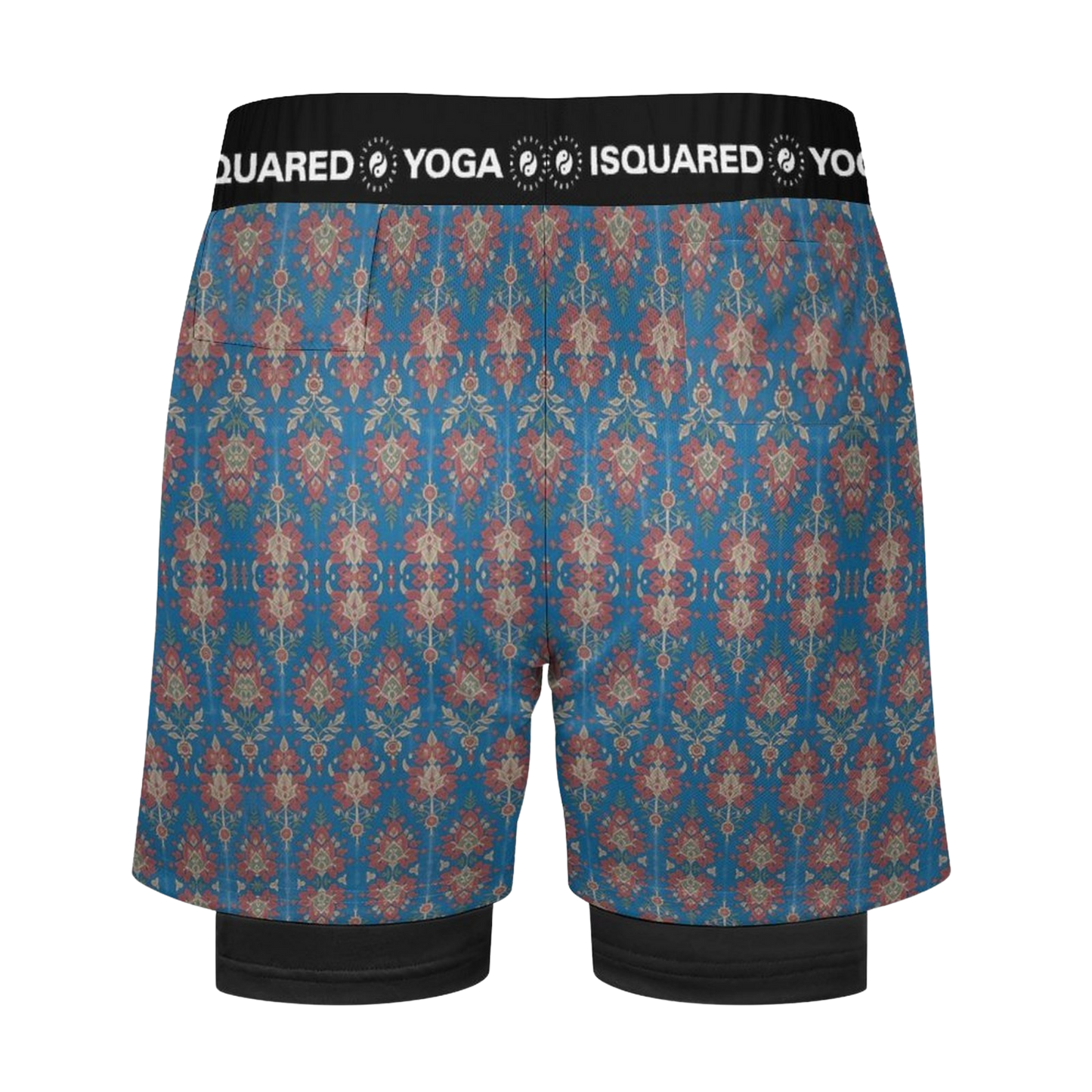 Jaipur Love dual-layer compression yoga shorts with mesh outer shell, milk silk liner, pockets, and vibrant print