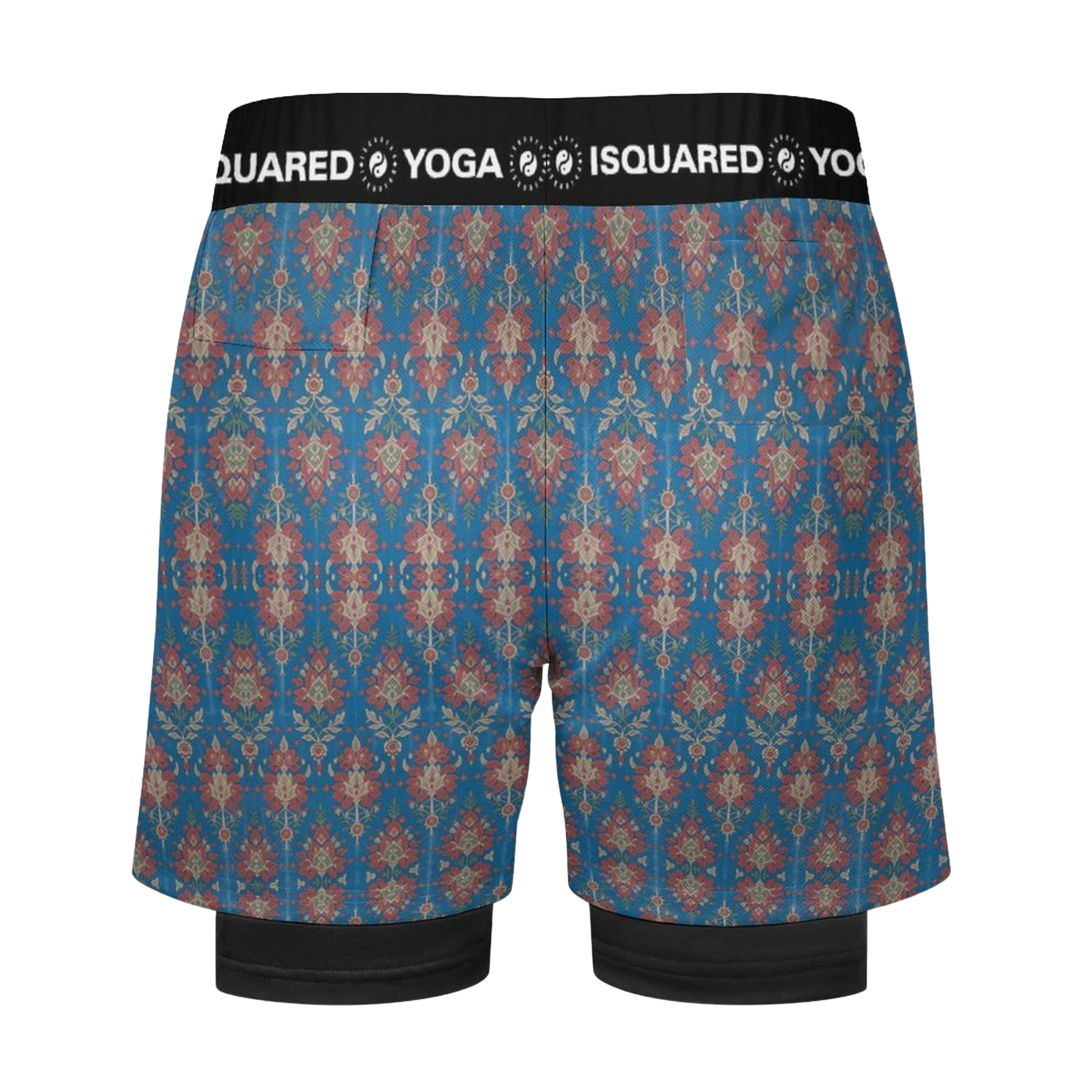 Jaipur Love dual-layer compression yoga shorts with mesh outer shell, milk silk liner, pockets, and vibrant print