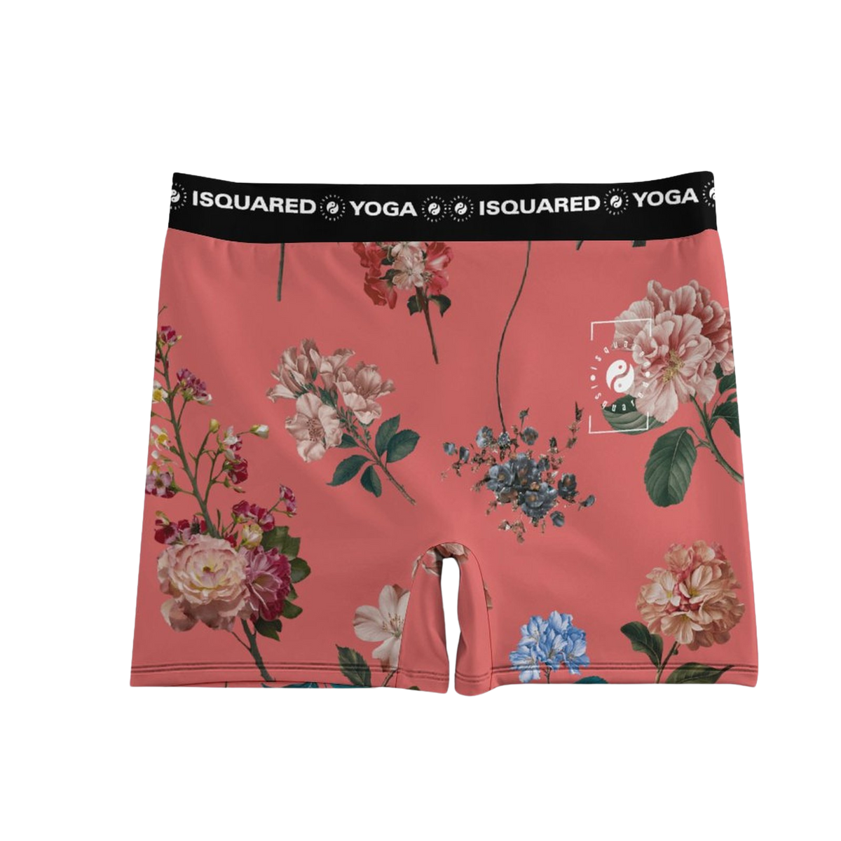 iSquared Yoga Shorts in vibrant coral feature a floral print, a wide elastic waistband, and a comfortable unisex fit.