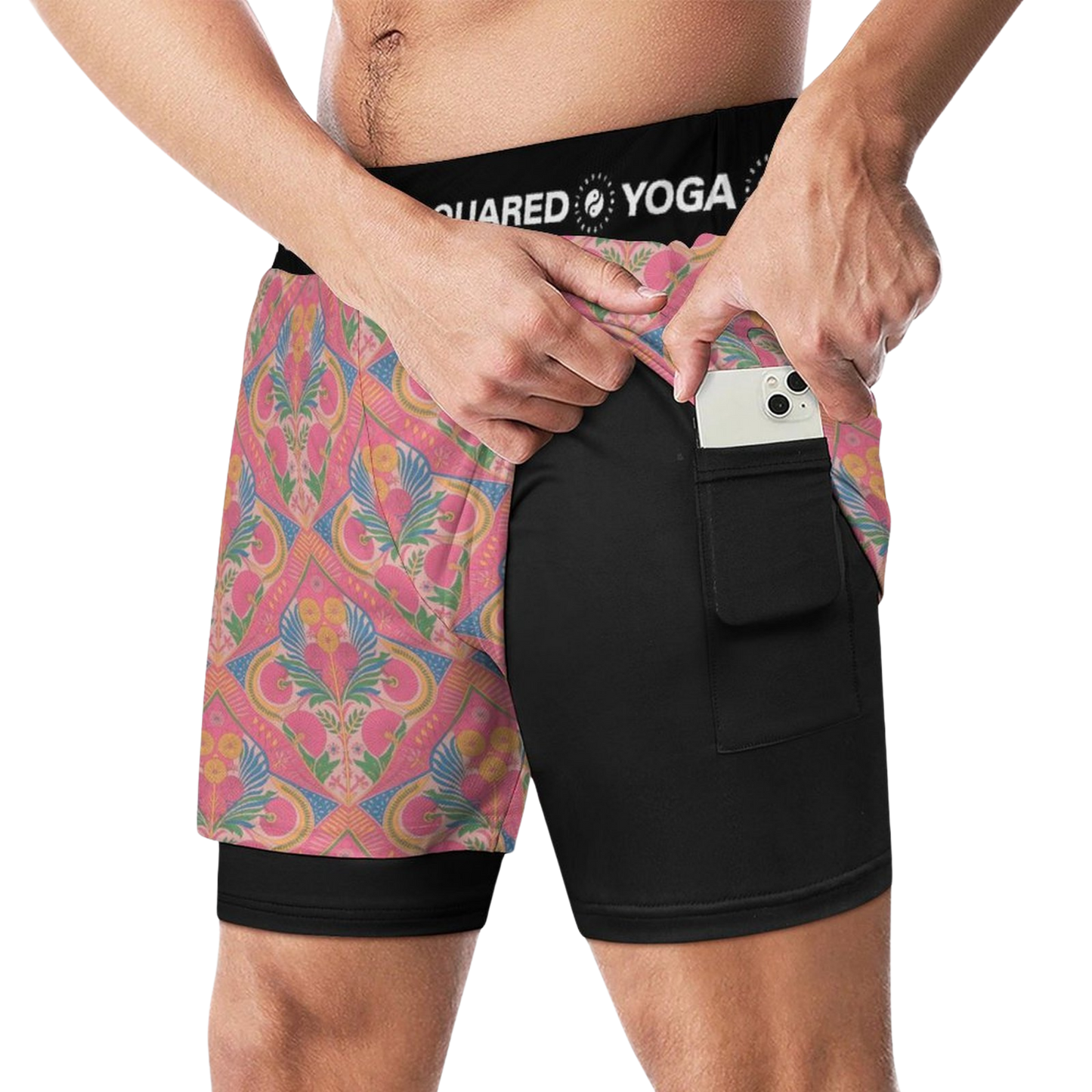Jaipur Love dual-layer compression yoga shorts with mesh outer shell, milk silk liner, pockets, and vibrant print
