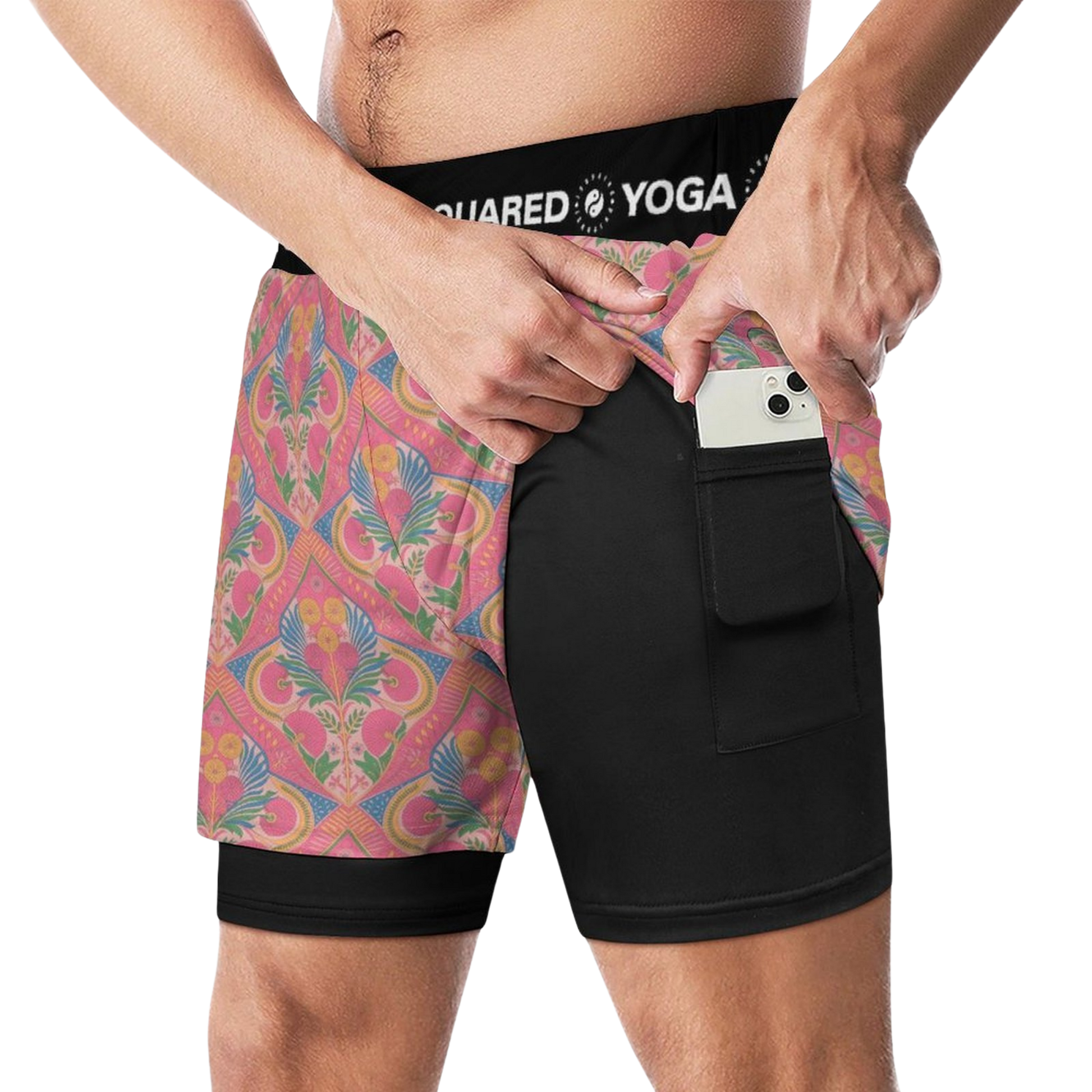 Jaipur Love dual-layer compression yoga shorts with mesh outer shell, milk silk liner, pockets, and vibrant print