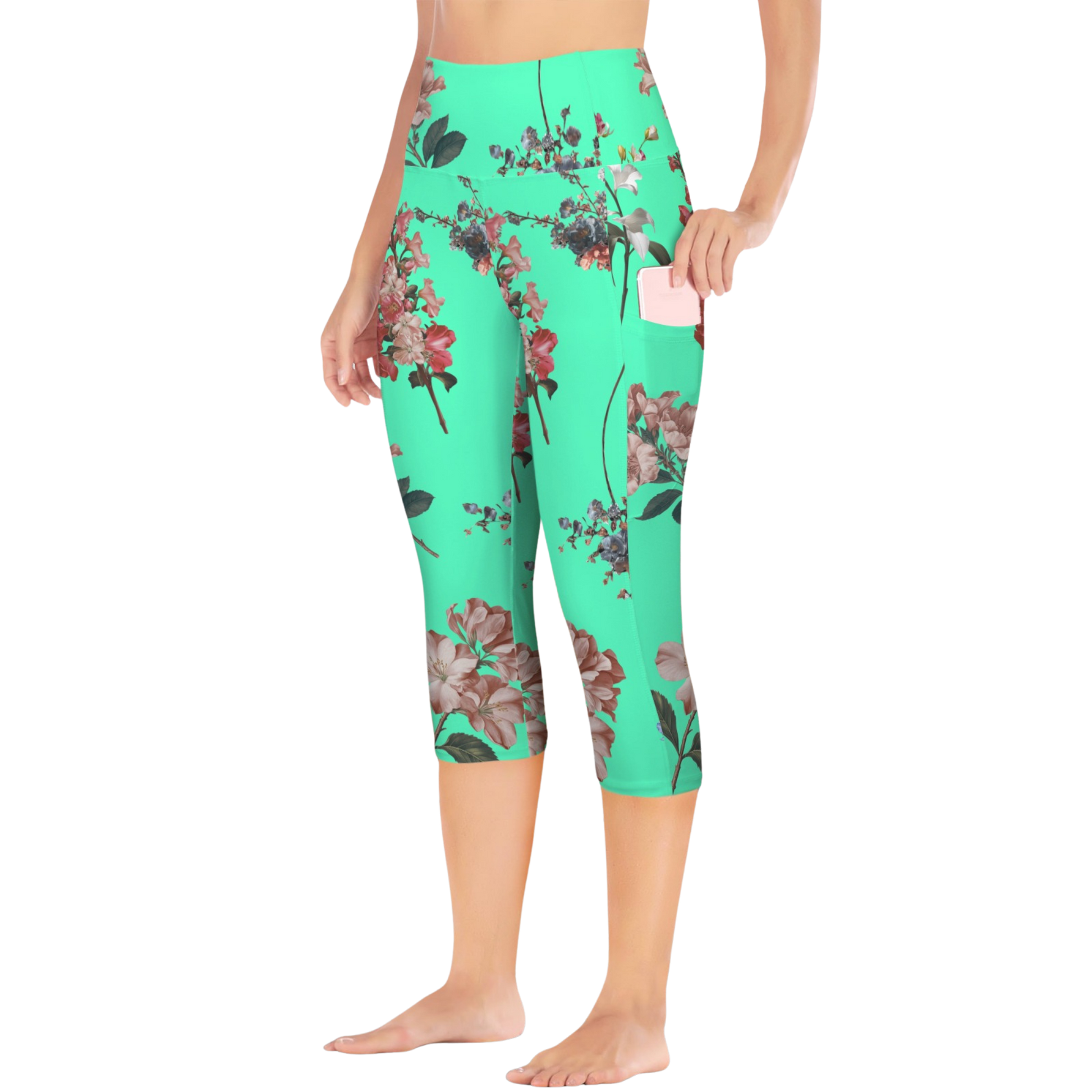 Botanicals iSquared Pocket Capri leggings with high-rise waistband, mid-calf length, and two side pockets