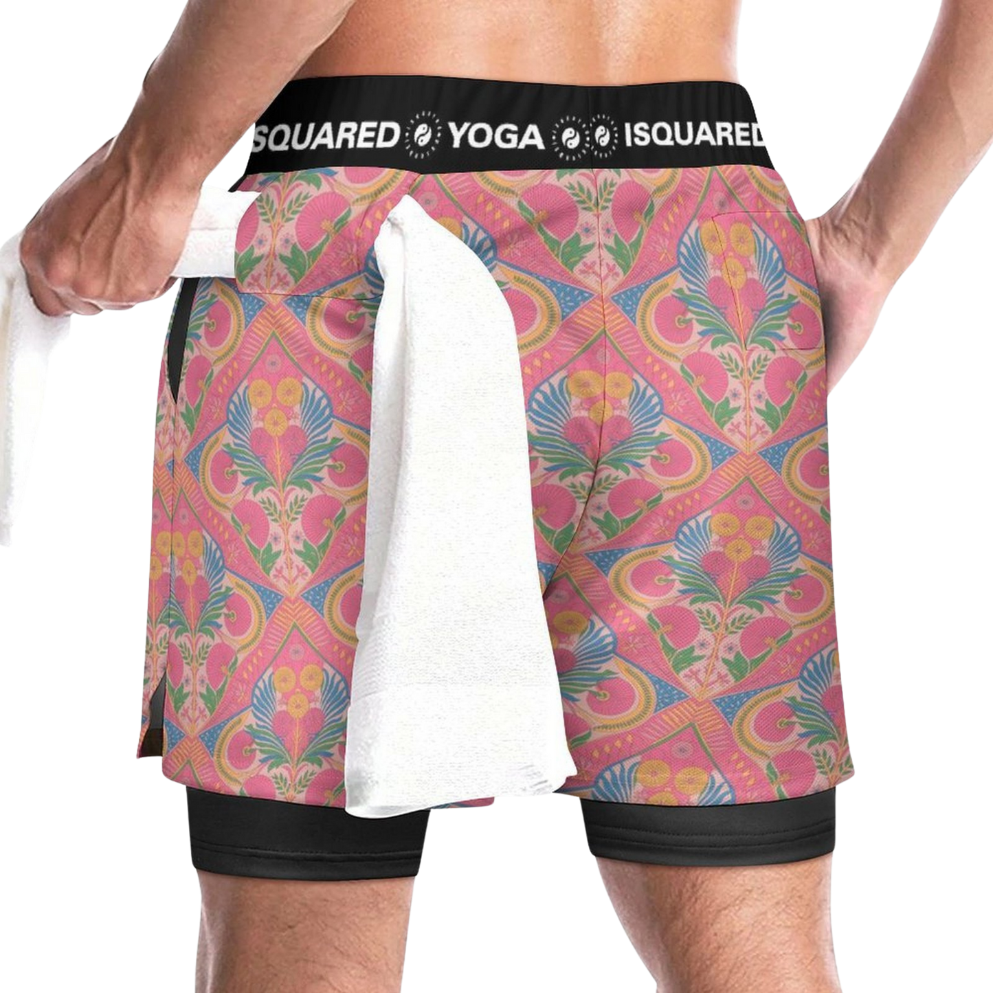 Jaipur Love dual-layer compression yoga shorts with mesh outer shell, milk silk liner, pockets, and vibrant print