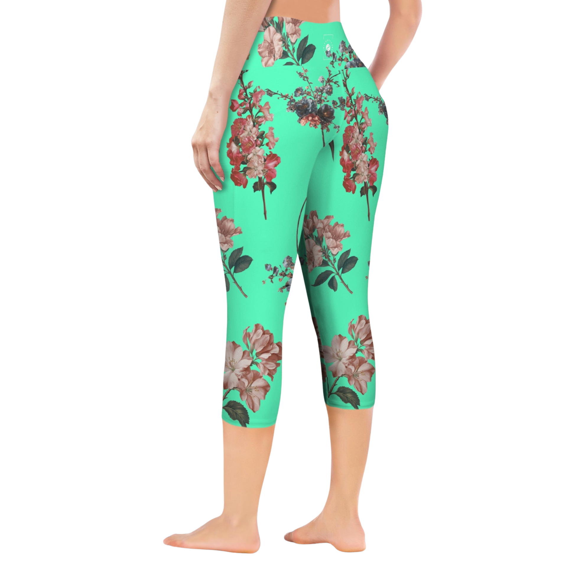Botanicals iSquared Pocket Capri leggings with high-rise waistband, mid-calf length, and two side pockets