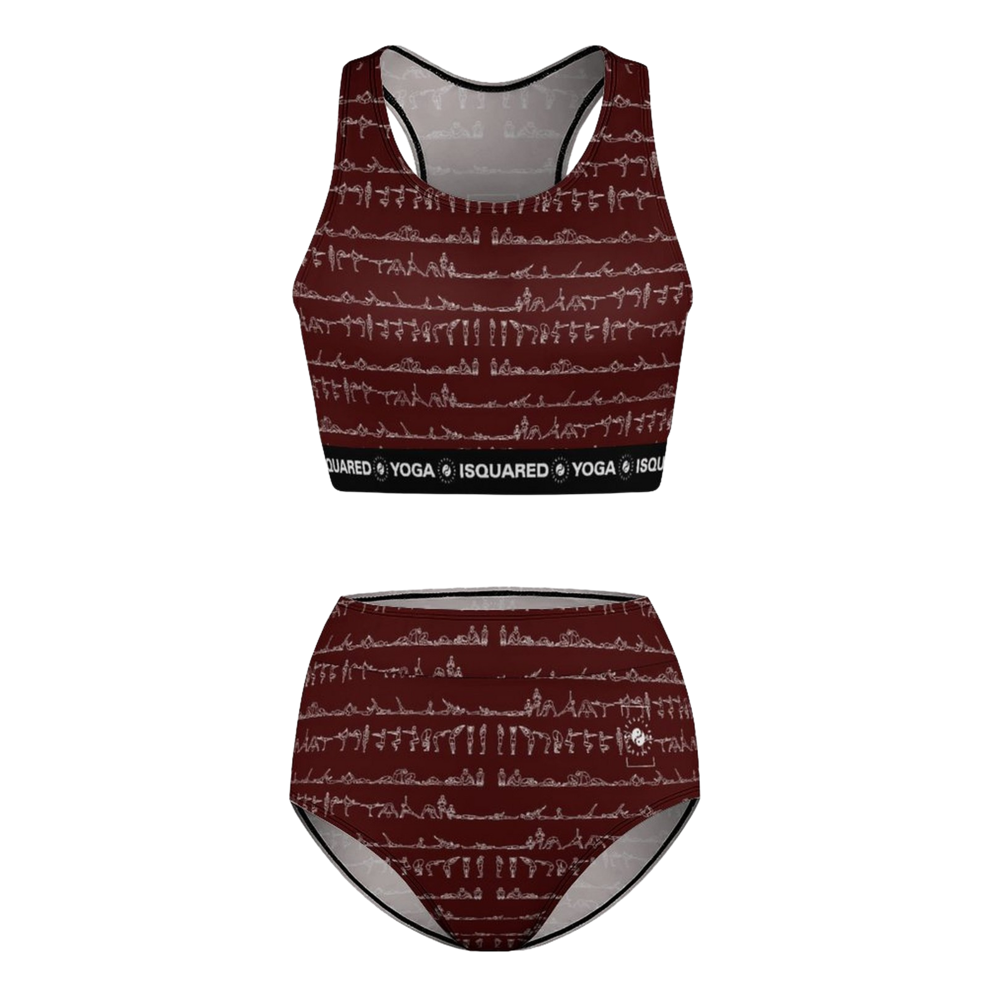 Bikram Ember hot yoga bikini set featuring a maroon color with a subtle white yoga pose pattern and a supportive black waistband.