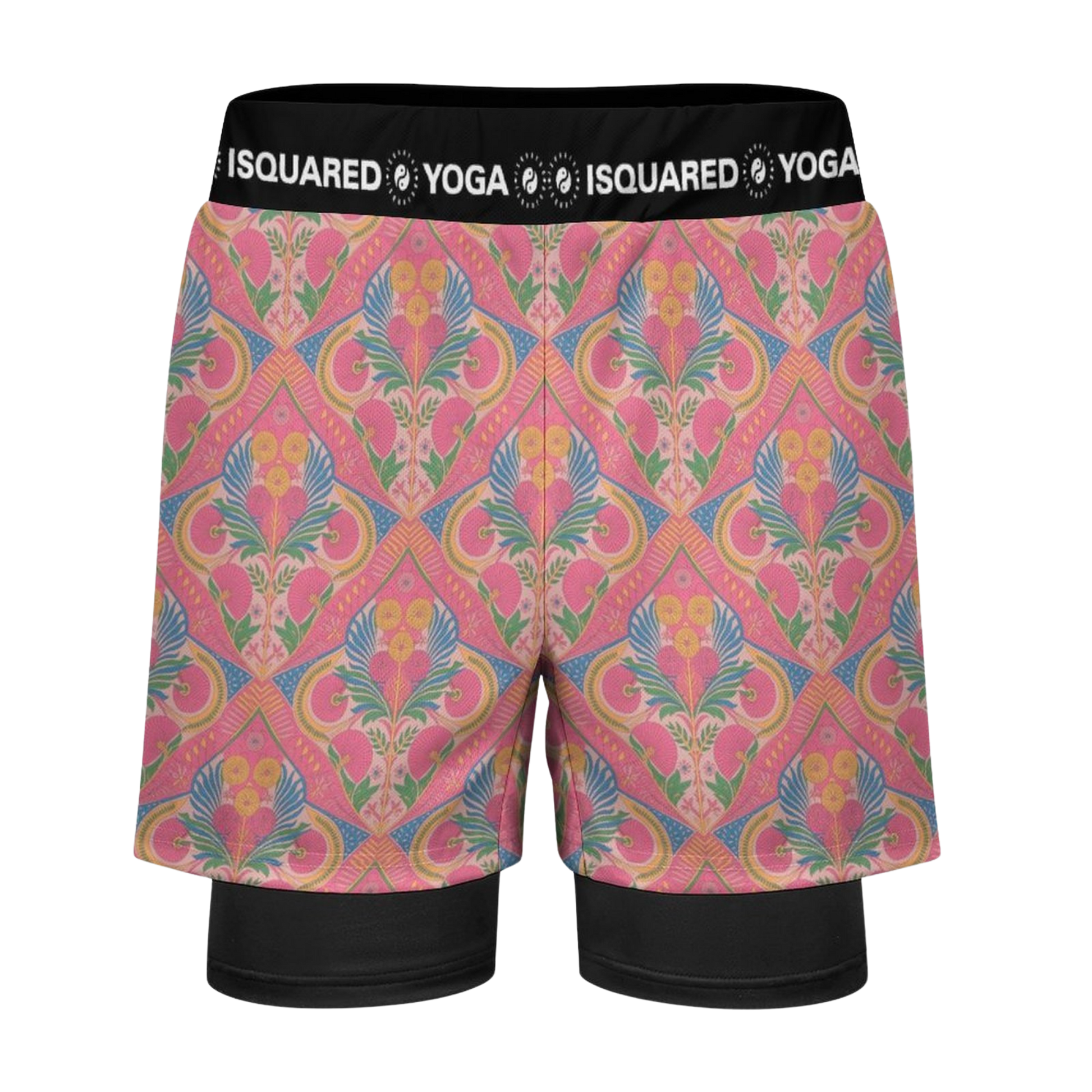 Jaipur Love dual-layer compression yoga shorts with mesh outer shell, milk silk liner, pockets, and vibrant print