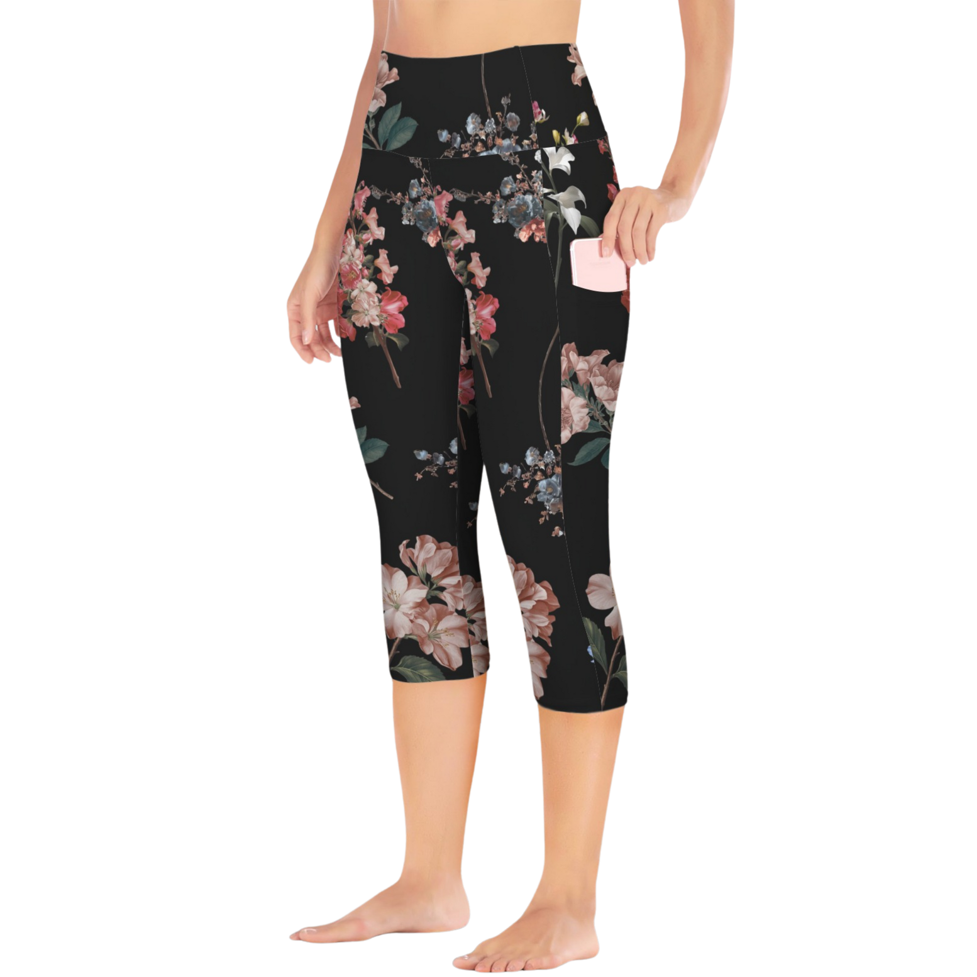 Botanicals iSquared Pocket Capri leggings with high-rise waistband, mid-calf length, and two side pockets