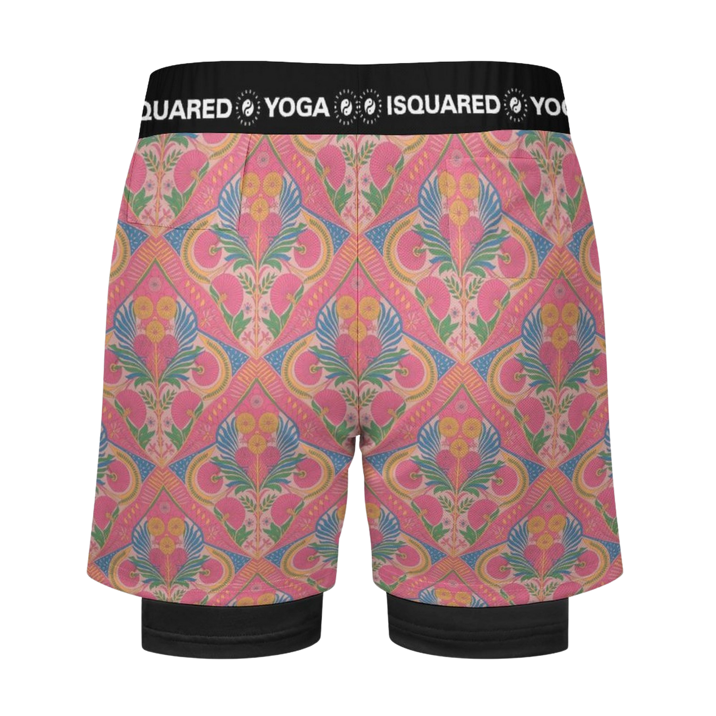 Jaipur Love dual-layer compression yoga shorts with mesh outer shell, milk silk liner, pockets, and vibrant print