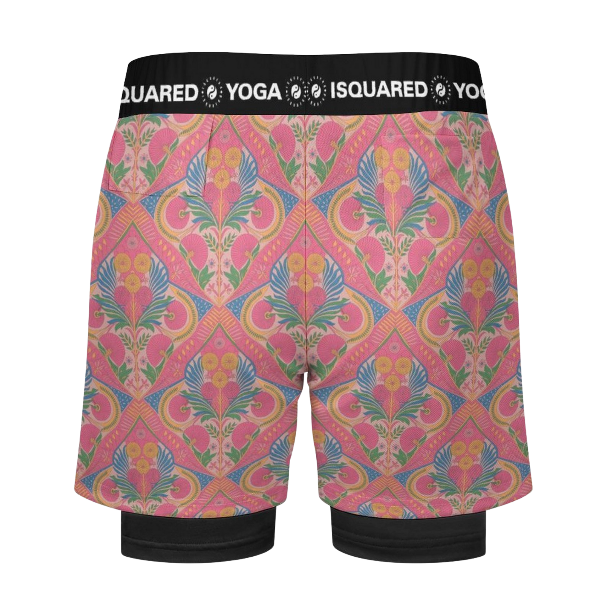 Jaipur Love dual-layer compression yoga shorts with mesh outer shell, milk silk liner, pockets, and vibrant print