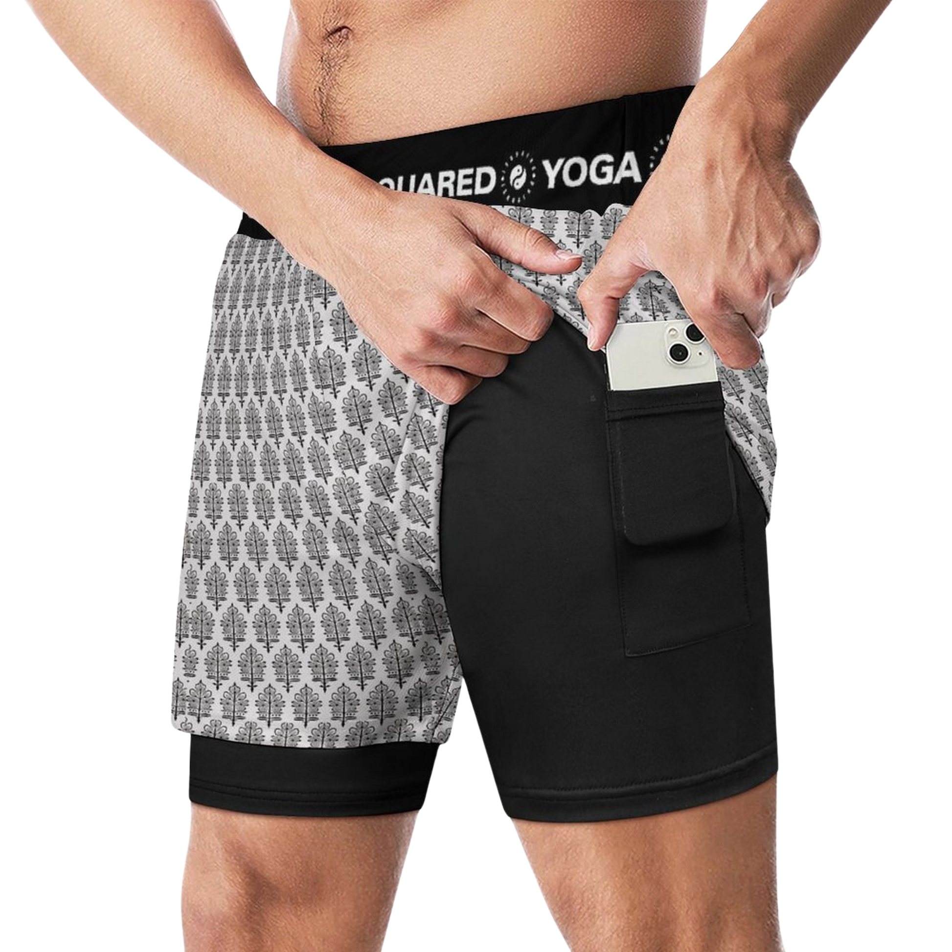 Jaipur Love dual-layer compression yoga shorts with mesh outer shell, milk silk liner, pockets, and vibrant print