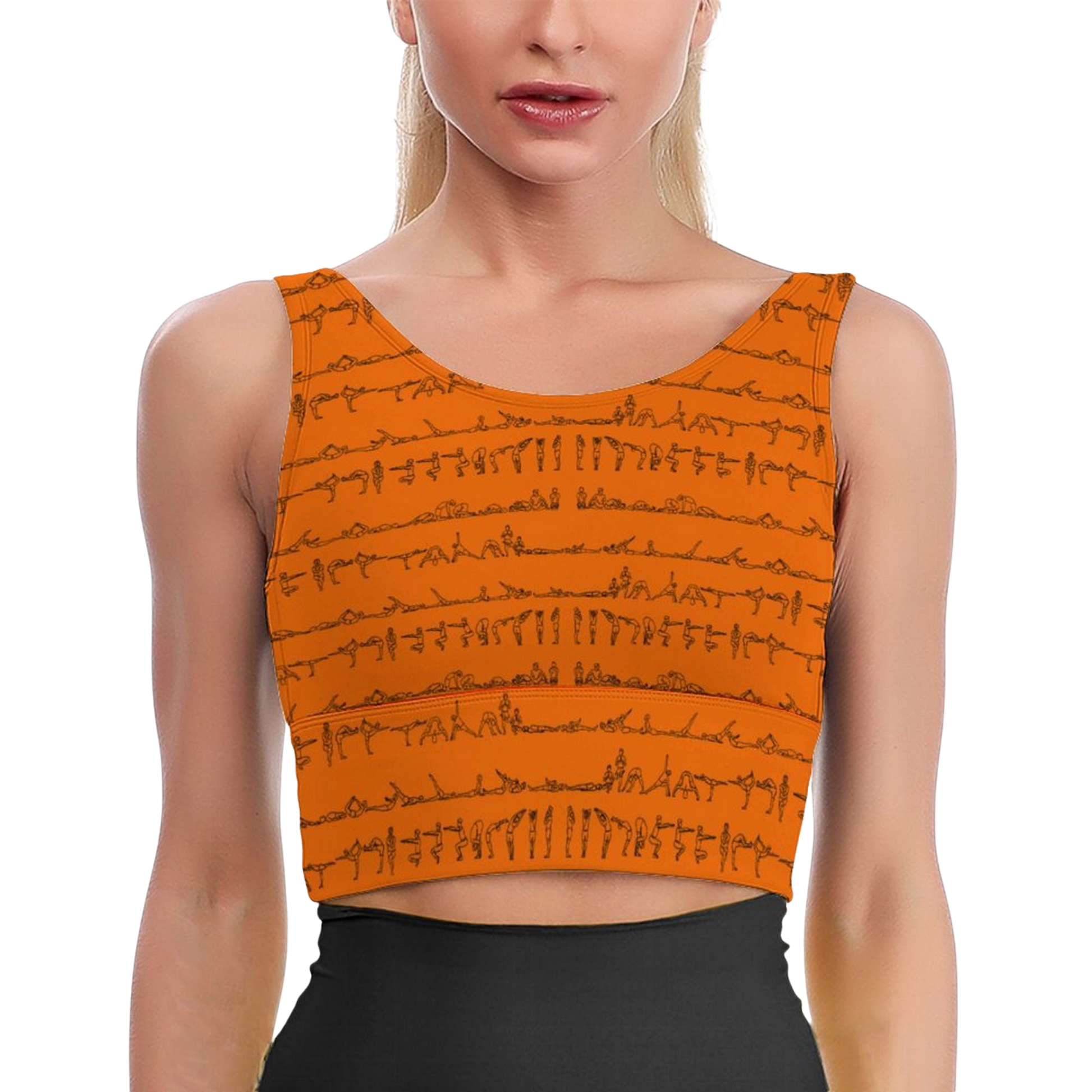 Bikram Series iSquared Crop Top with all-over yoga pose print, padded support, cropped fit, and U-back design