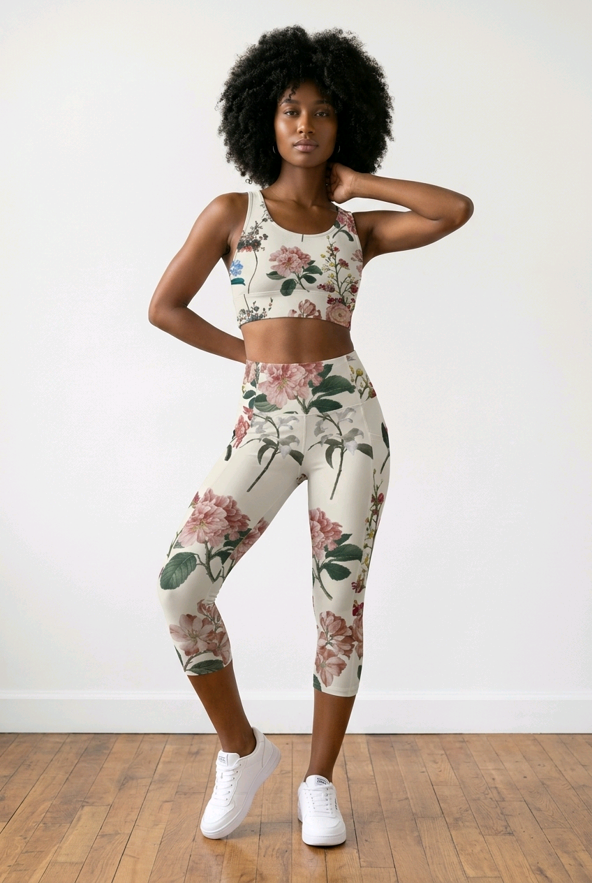 Botanicals iSquared Pocket Capri leggings with high-rise waistband, mid-calf length, and two side pockets