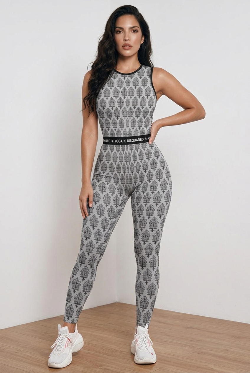 Jaipur Love sleeveless yoga jumpsuit with stretch fit and Rajasthan-inspired print for workouts and athleisure