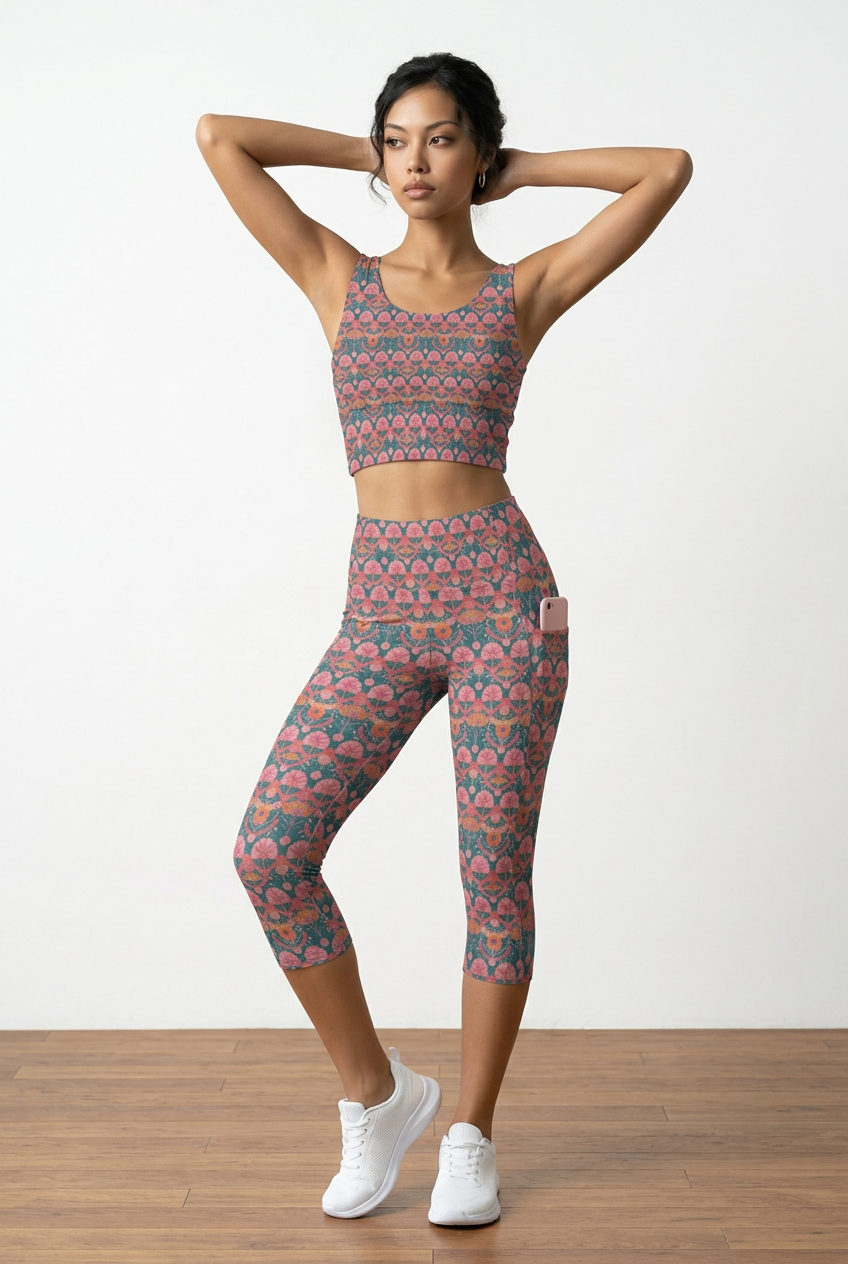 Jaipur Love iSquared Pocket Capri leggings with high-rise waist, mid-calf fit, all-over print, and two side pockets