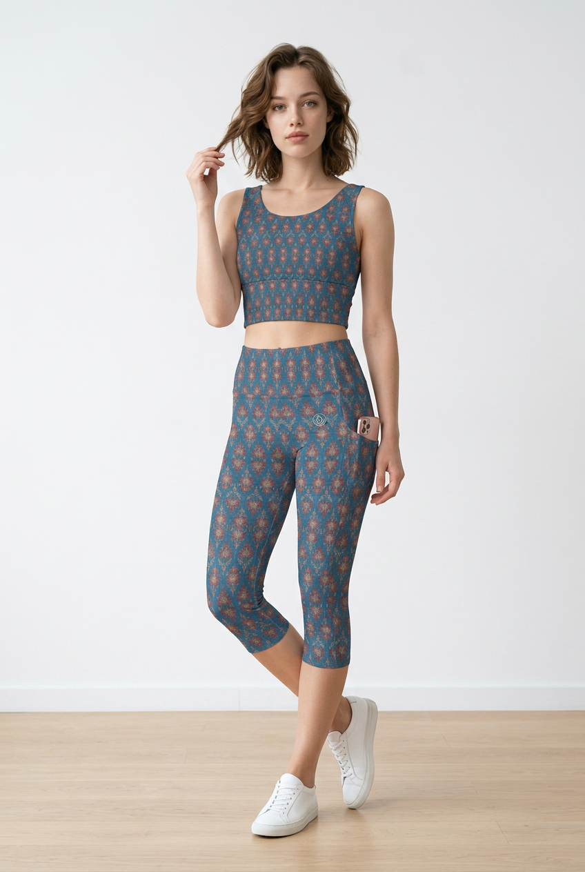 Jaipur Love iSquared Pocket Capri leggings with high-rise waist, mid-calf fit, all-over print, and two side pockets