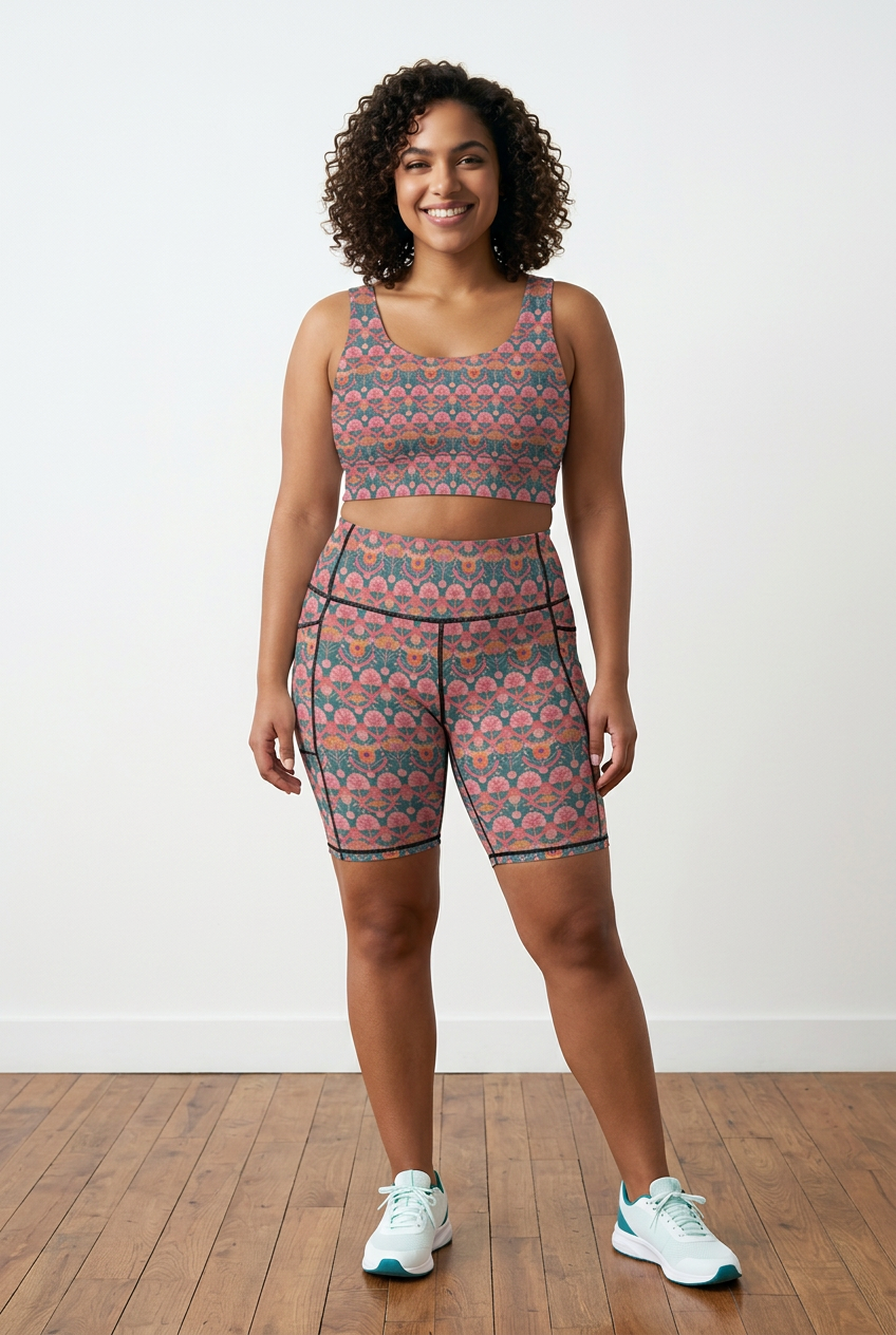 Jaipur Love iSquared Maureen high-waisted biker shorts with mid-thigh fit, printed fabric, and two side pockets