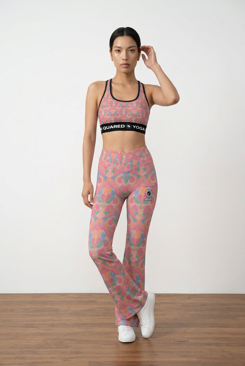 Jaipur Love Cross Waisted Flare Leggings with crossover waistband, V seam, flared leg, and printed stretch fabric