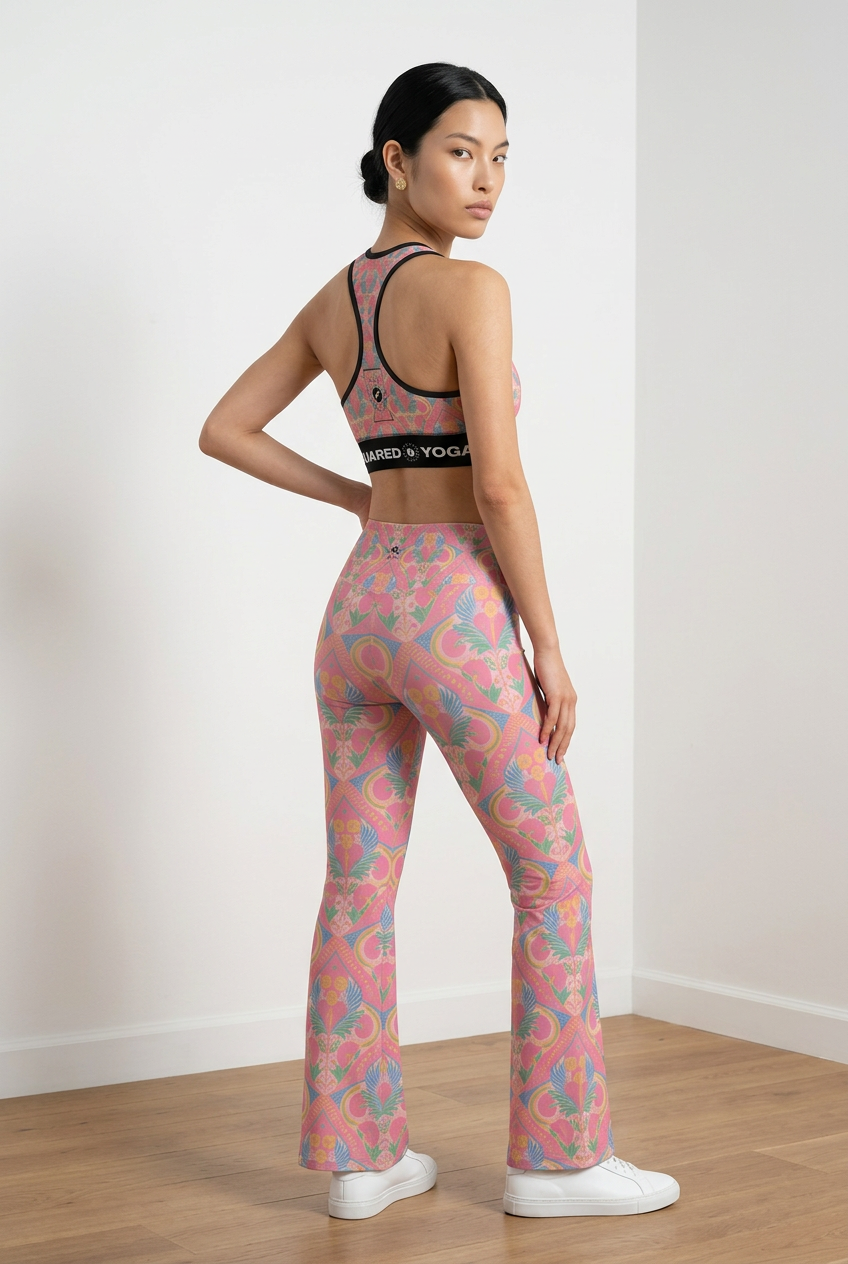 Jaipur Love Cross Waisted Flare Leggings with crossover waistband, V seam, flared leg, and printed stretch fabric