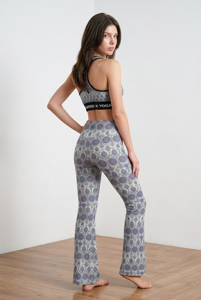 Jaipur Love Cross Waisted Flare Leggings with crossover waistband, V seam, flared leg, and printed stretch fabric