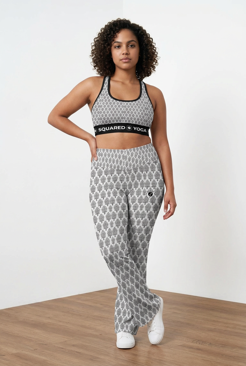 Jaipur Love Cross Waisted Flare Leggings with crossover waistband, V seam, flared leg, and printed stretch fabric