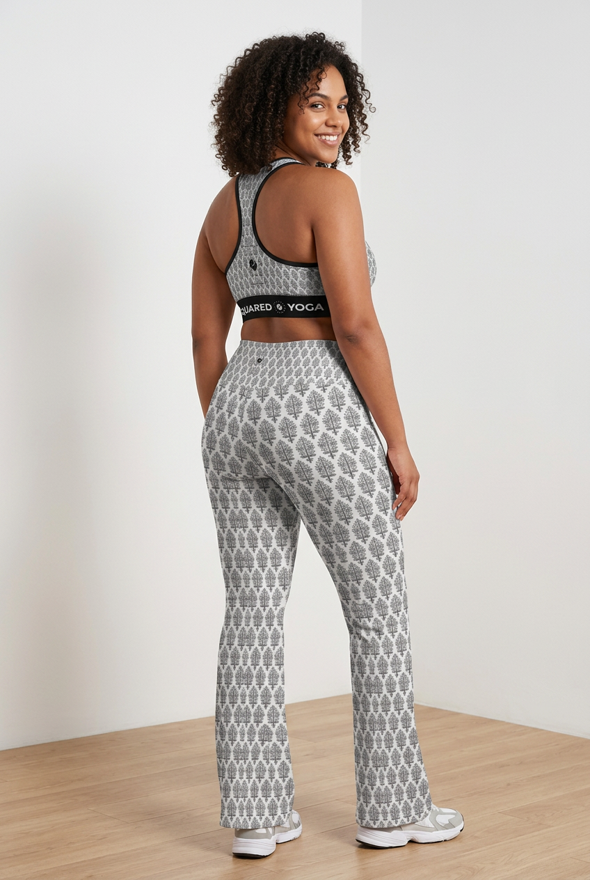 Jaipur Love Cross Waisted Flare Leggings with crossover waistband, V seam, flared leg, and printed stretch fabric