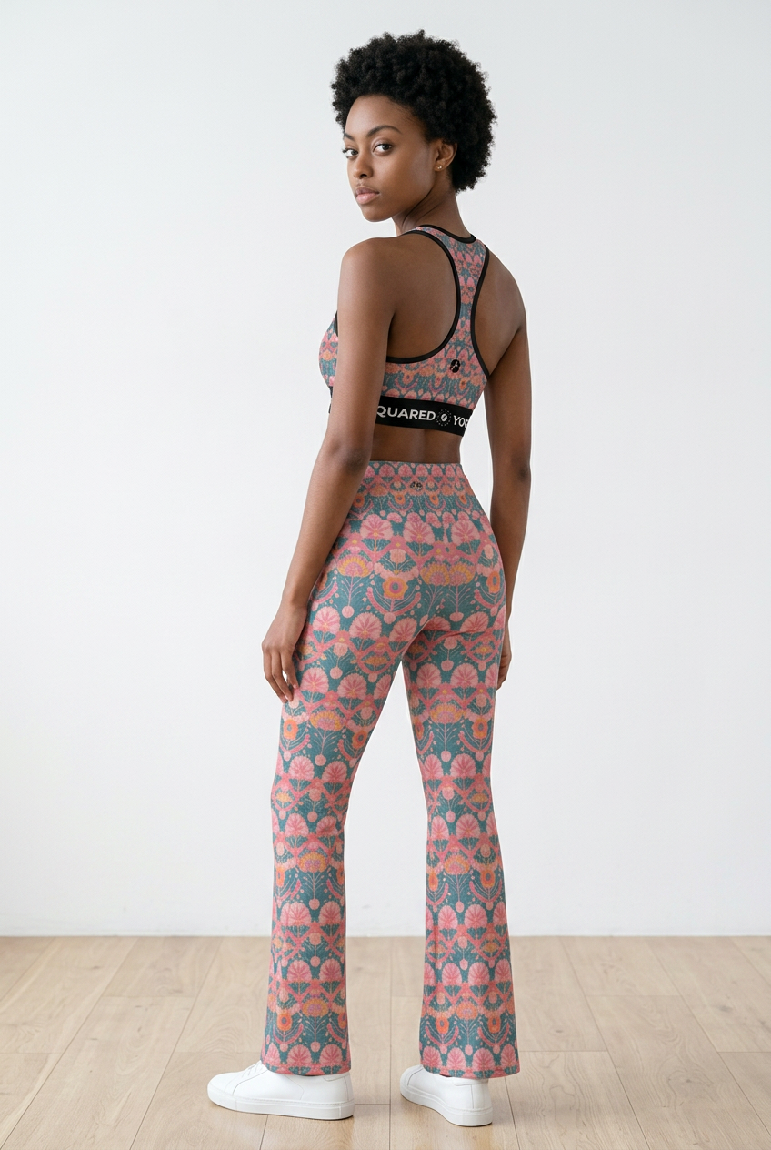 Jaipur Love Cross Waisted Flare Leggings with crossover waistband, V seam, flared leg, and printed stretch fabric