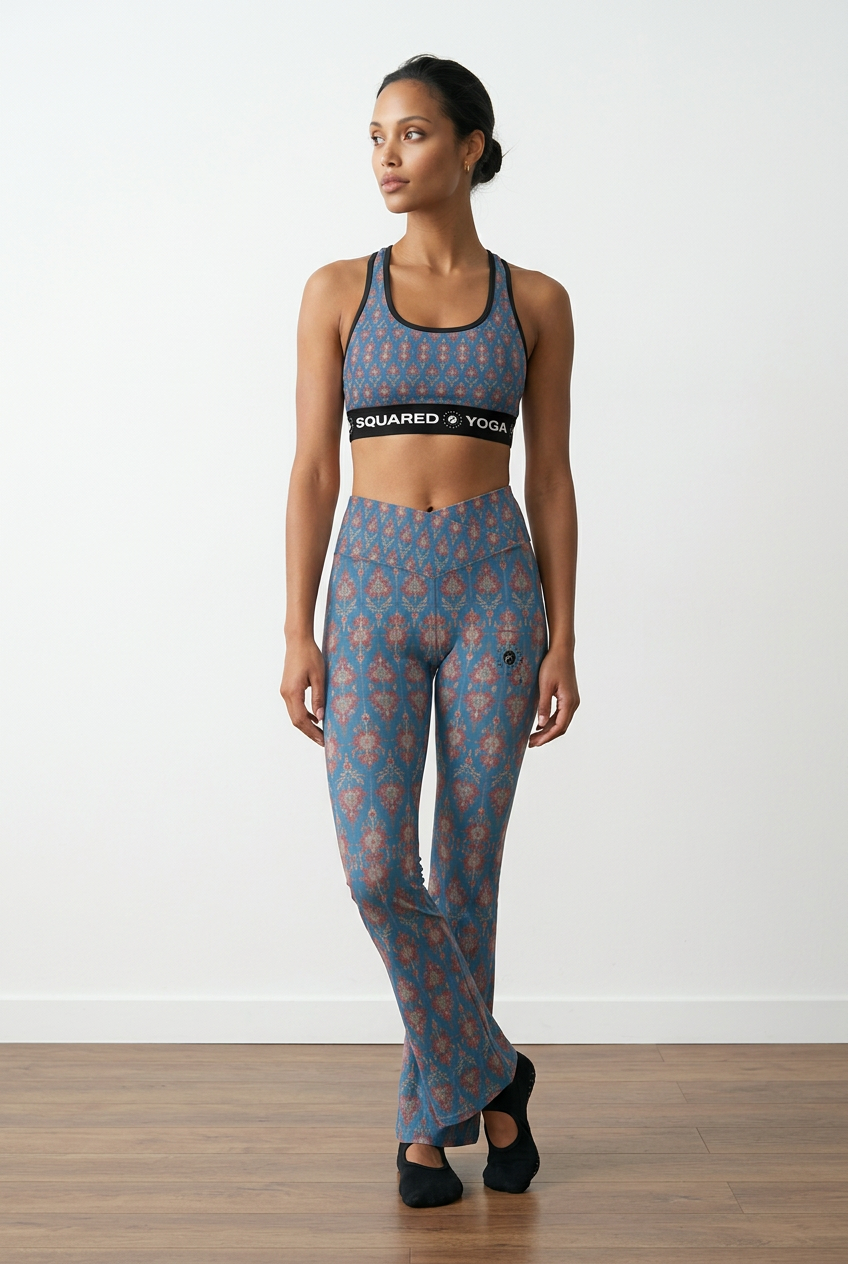 Jaipur Love Cross Waisted Flare Leggings with crossover waistband, V seam, flared leg, and printed stretch fabric