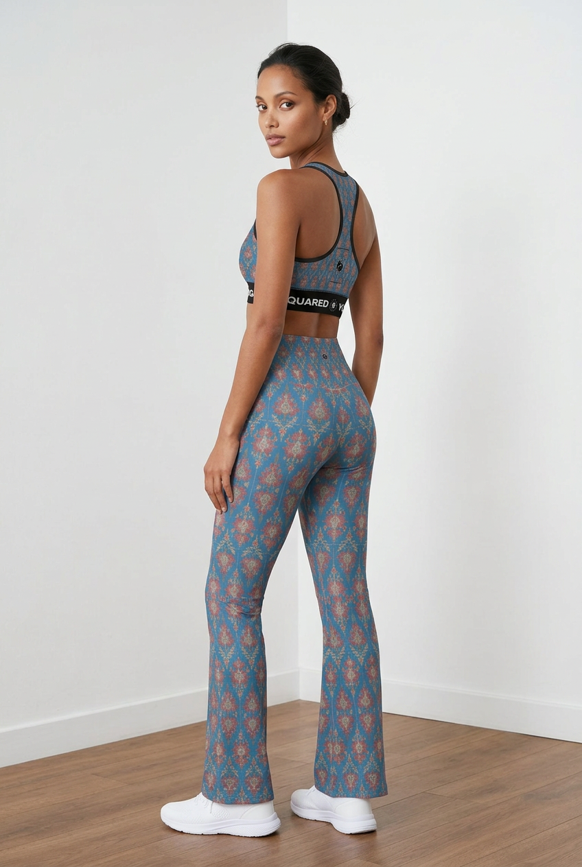 Jaipur Love Cross Waisted Flare Leggings with crossover waistband, V seam, flared leg, and printed stretch fabric