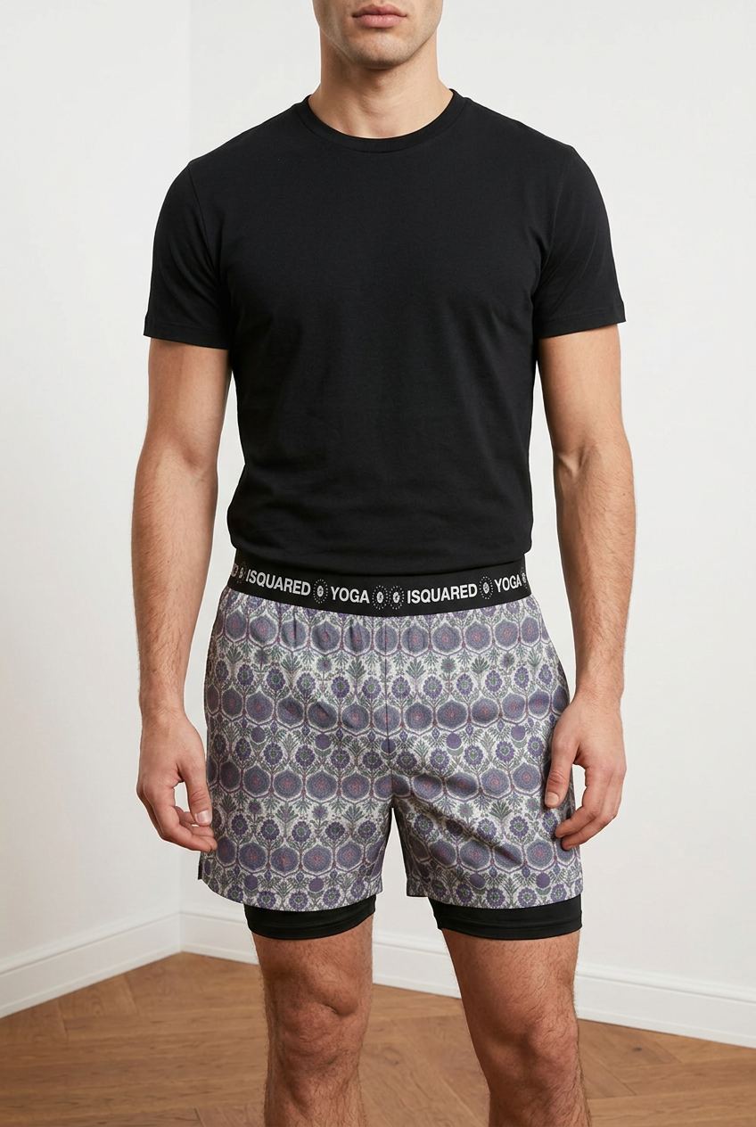 Jaipur Love dual-layer compression yoga shorts with mesh outer shell, milk silk liner, pockets, and vibrant print