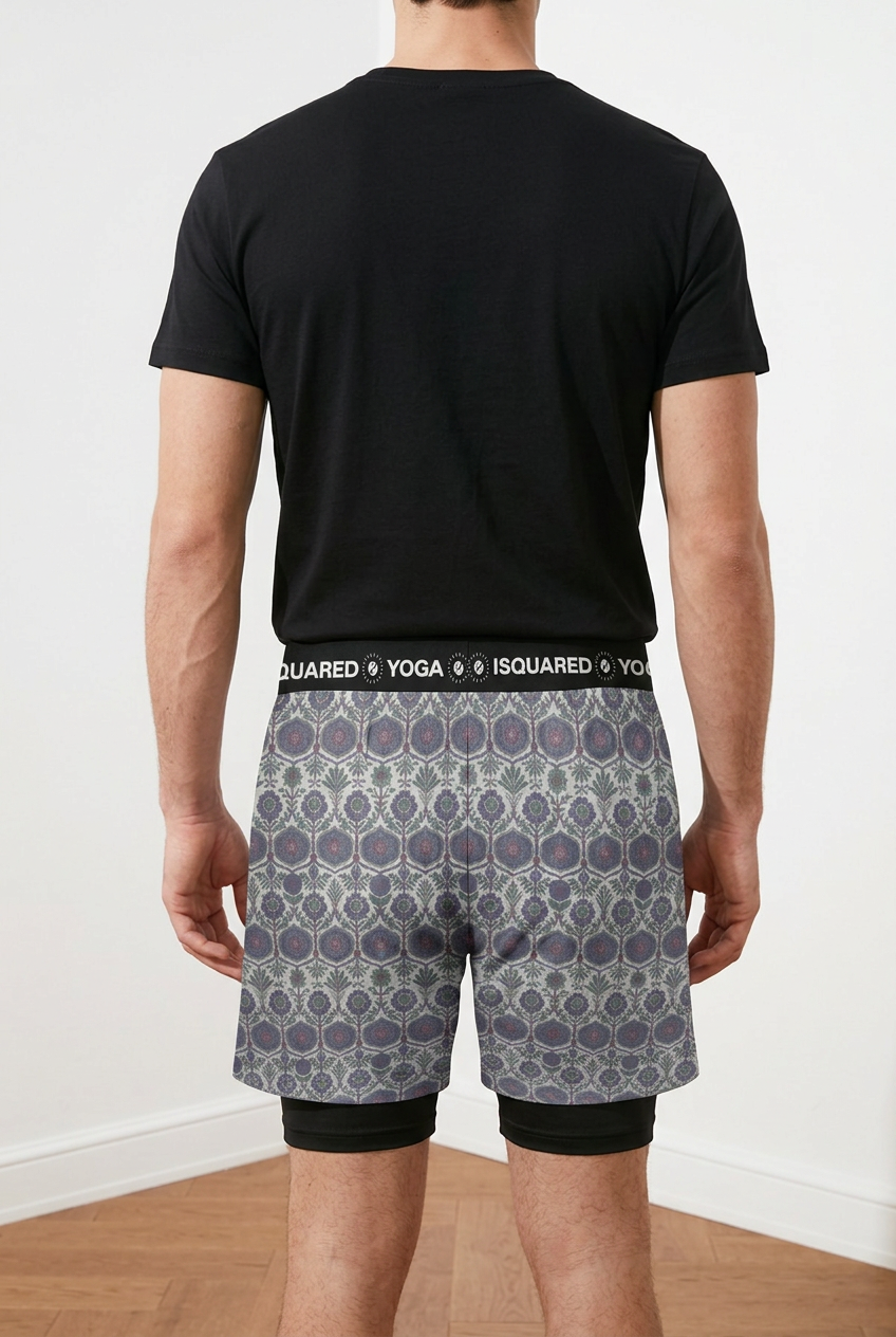 Jaipur Love dual-layer compression yoga shorts with mesh outer shell, milk silk liner, pockets, and vibrant print