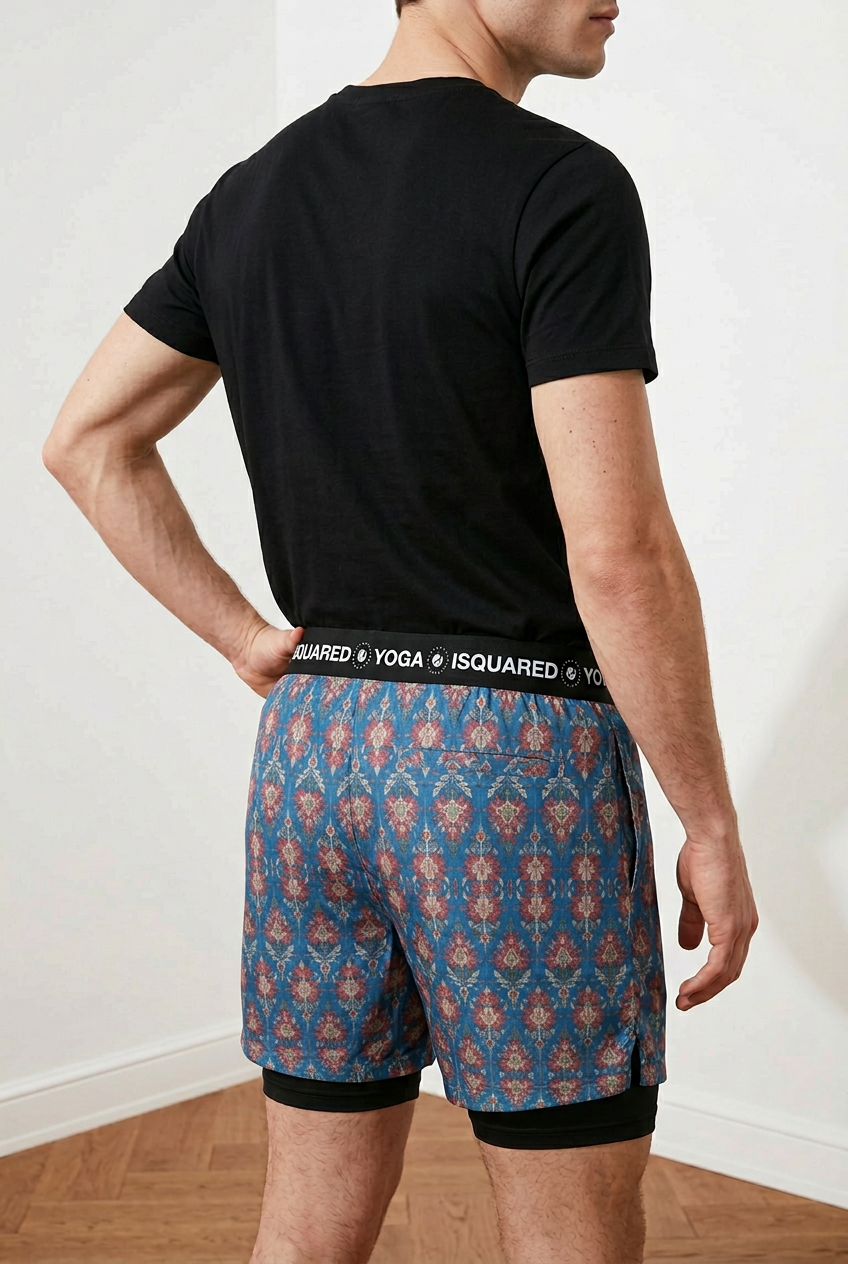 Jaipur Love dual-layer compression yoga shorts with mesh outer shell, milk silk liner, pockets, and vibrant print