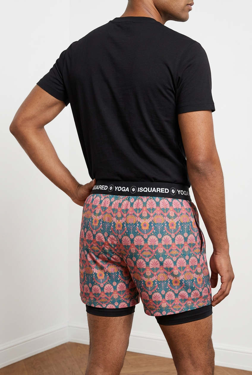 Jaipur Love dual-layer compression yoga shorts with mesh outer shell, milk silk liner, pockets, and vibrant print