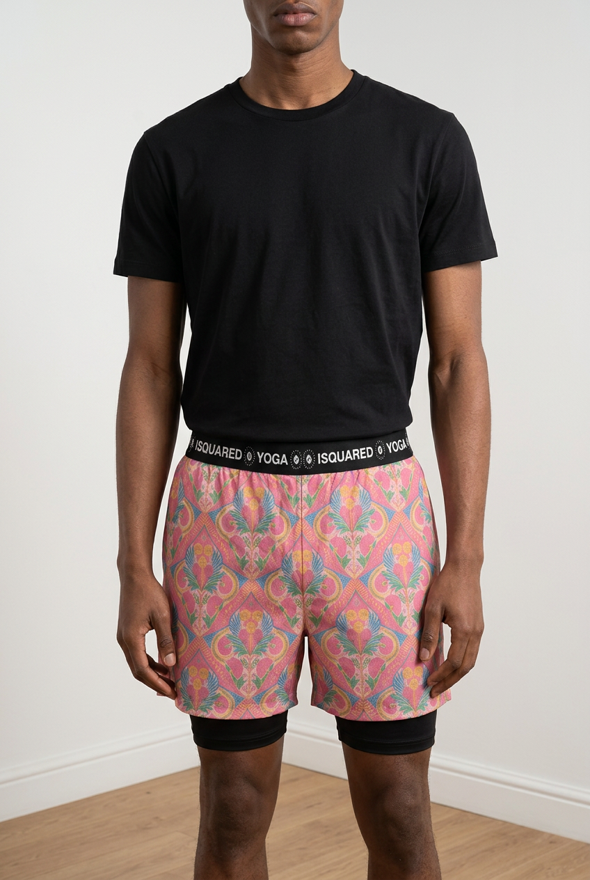 Jaipur Love dual-layer compression yoga shorts with mesh outer shell, milk silk liner, pockets, and vibrant print