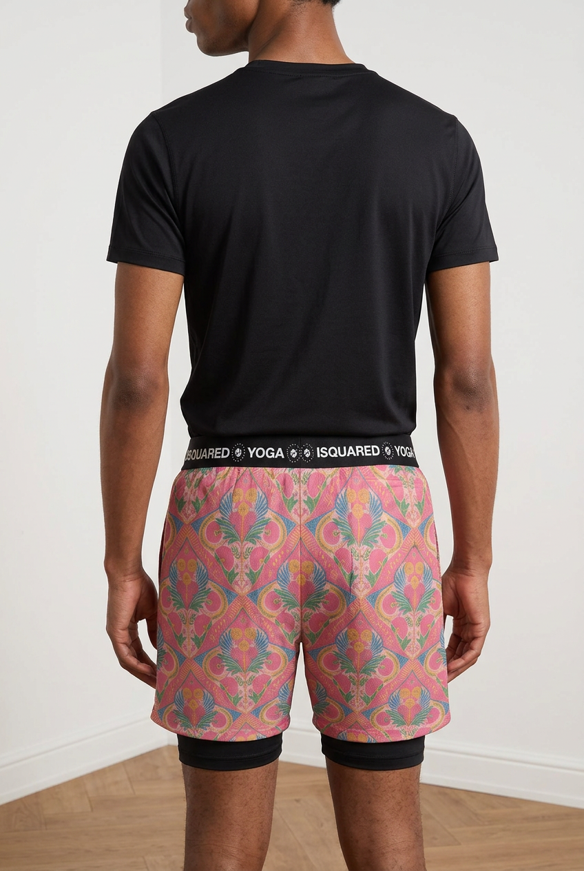 Jaipur Love dual-layer compression yoga shorts with mesh outer shell, milk silk liner, pockets, and vibrant print