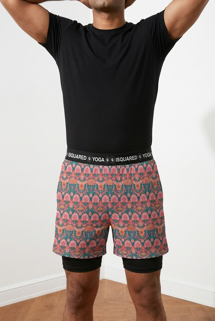 Jaipur Love dual-layer compression yoga shorts with mesh outer shell, milk silk liner, pockets, and vibrant print