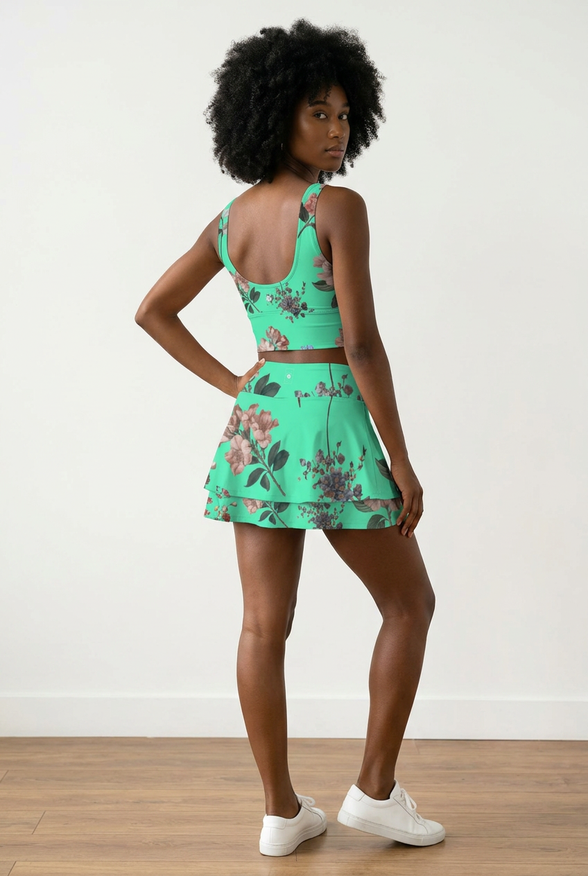 Botanicals iSquared Ruffle Skirt with high waist, layered ruffle hem, and built-in shorts in botanical print
