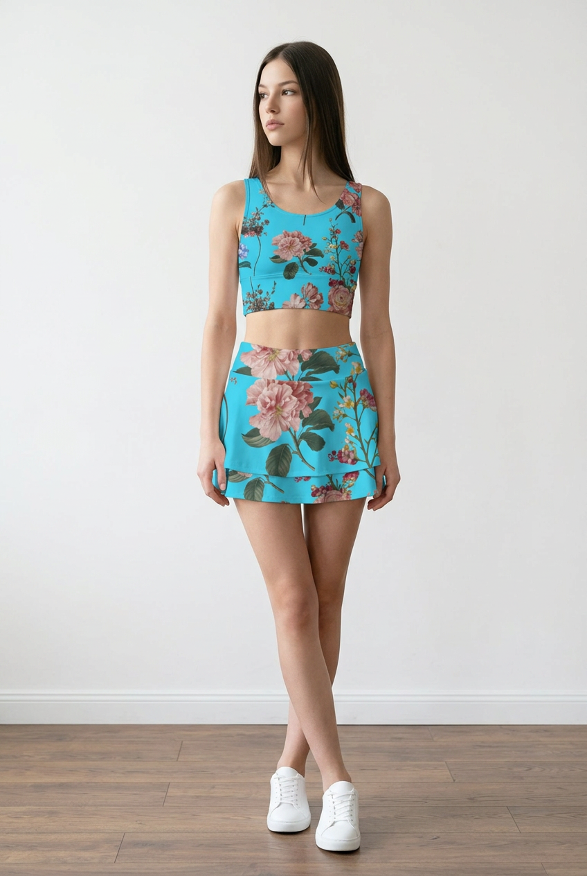 Botanicals iSquared Ruffle Skirt with high waist, layered ruffle hem, and built-in shorts in botanical print