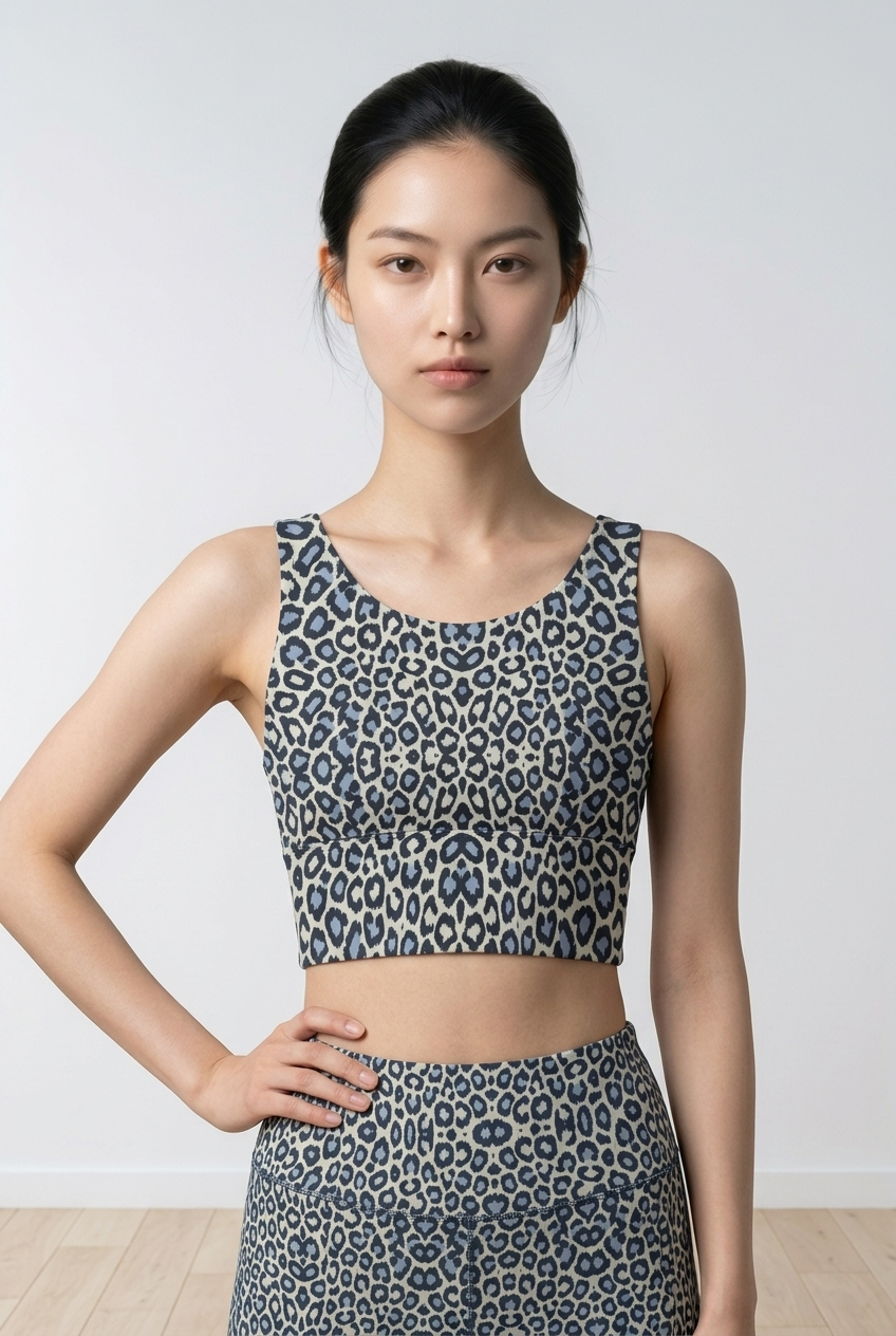 Cropped fitness top in a blue and beige leopard print, featuring a U-shaped back and comfortable fit, layered with matching leggings.