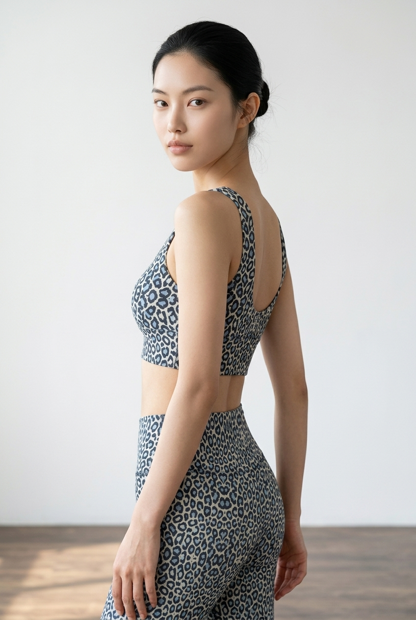 Cropped leopard print top in soft blue and black, featuring a U-back design for a stylish, sporty look.