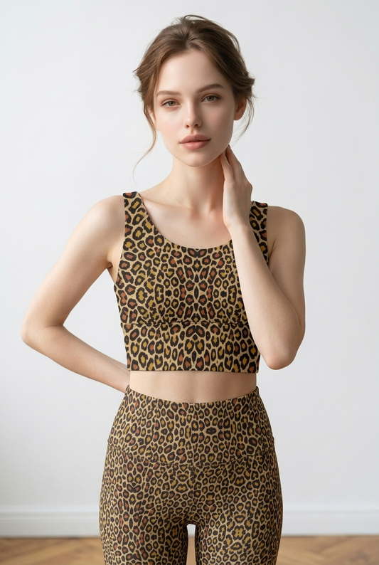 Cropped top with a classic leopard print featuring golden and black spots, worn with matching high-waisted leggings.
