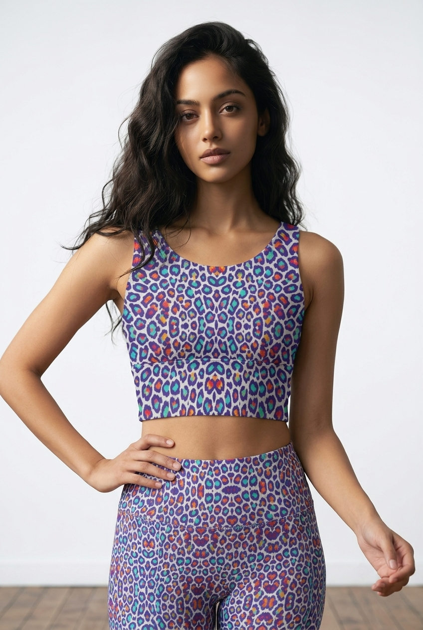 Cropped top featuring a vibrant multicolored leopard print in purple, blue, and orange, styled with a fitted cut.