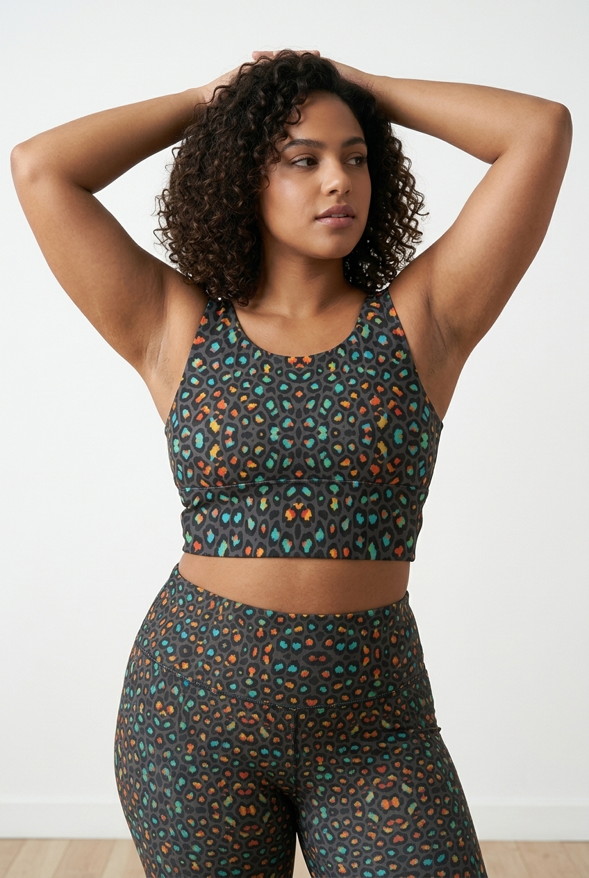 Cropped black top with colorful leopard print, worn by a model with curly hair, showcasing a U-back design.