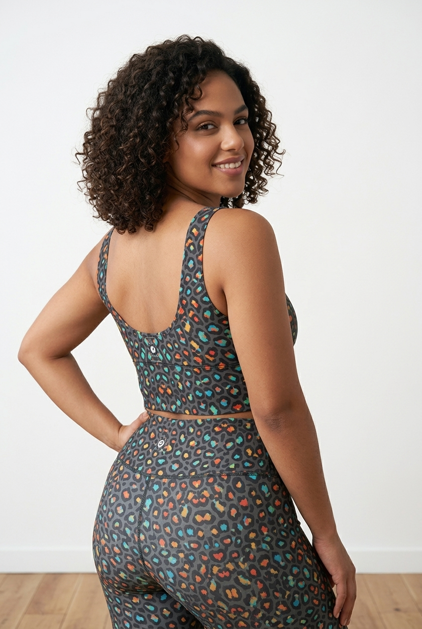 Cropped top featuring a vibrant all-over leopard print in black, orange, turquoise, and green, displayed on a model.
