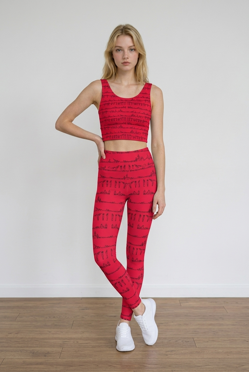 Bikram Series iSquared Pocket Leggings in bright pink with black yoga posture print, worn with a matching crop top.