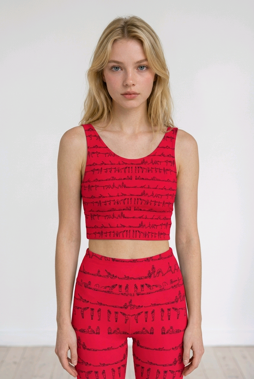Bikram Series iSquared Crop Top with all-over yoga pose print, padded support, cropped fit, and U-back design