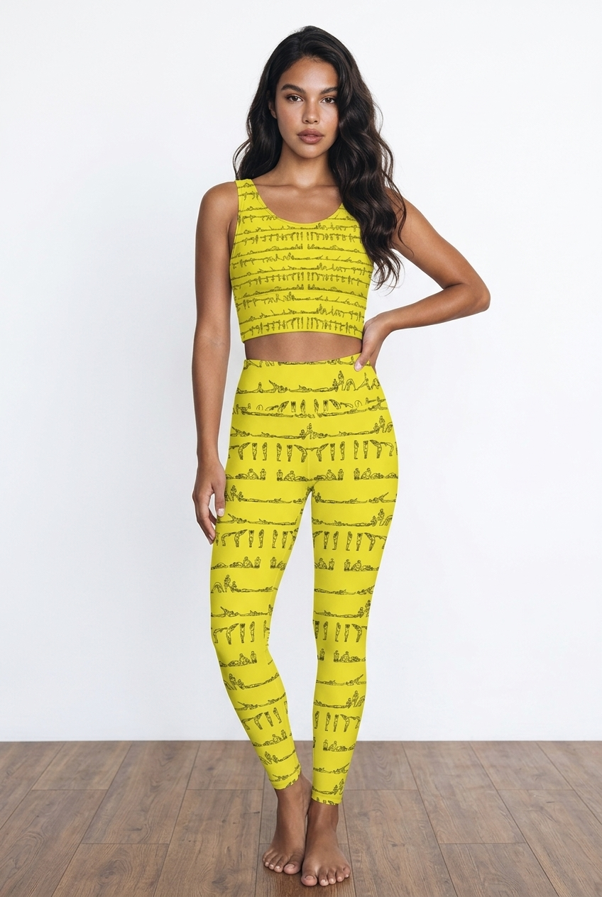 Bikram Series iSquared Pocket Leggings in bright yellow featuring a yoga posture pattern, high-rise fit, and snug design.